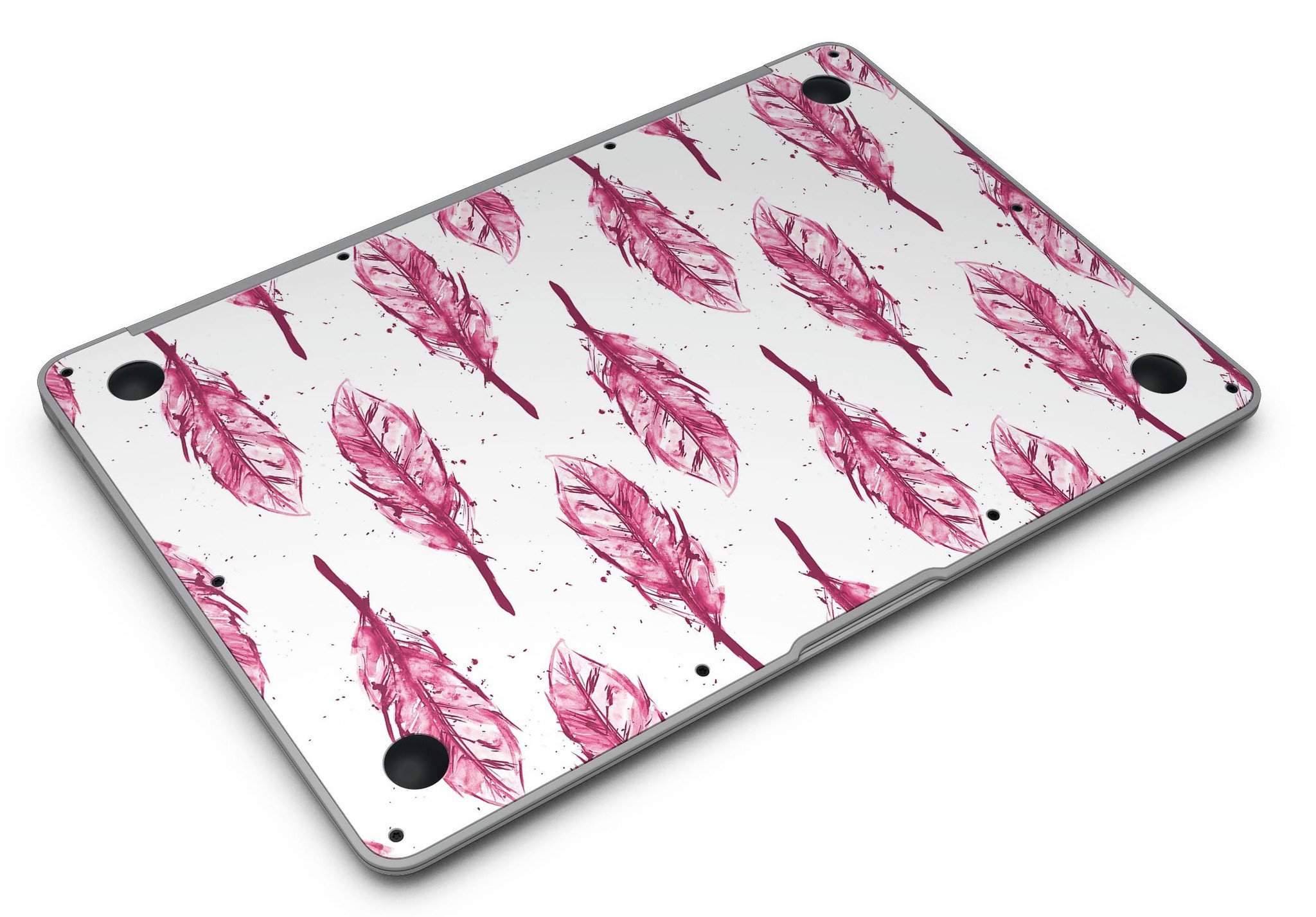 Crimson Feather Pattern MacBook Air Skin Kit showcasing vibrant design and premium vinyl material.