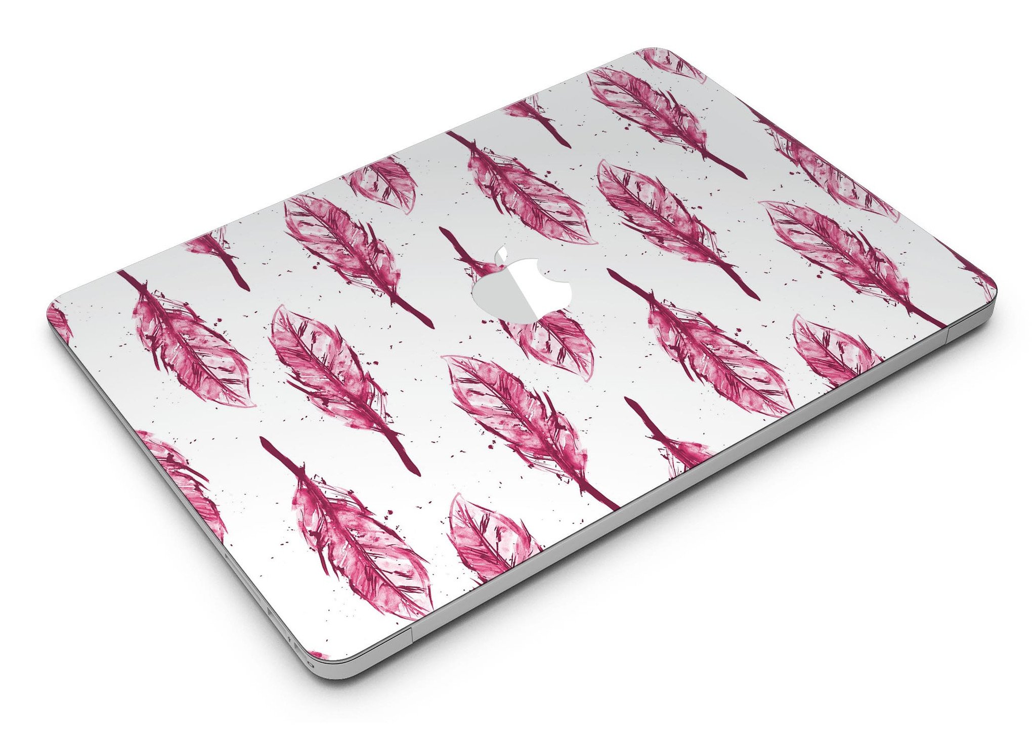 Crimson Feather Pattern MacBook Air Skin Kit showcasing vibrant design and premium vinyl material.