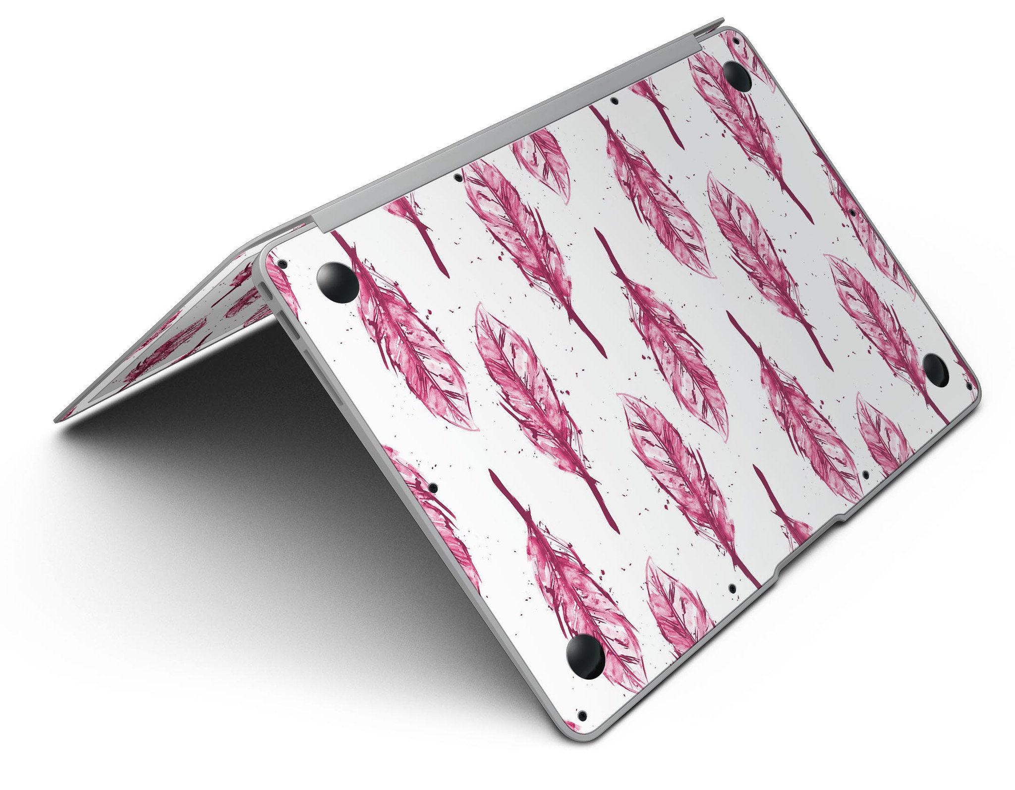 Crimson Feather Pattern MacBook Air Skin Kit showcasing vibrant design and premium vinyl material.