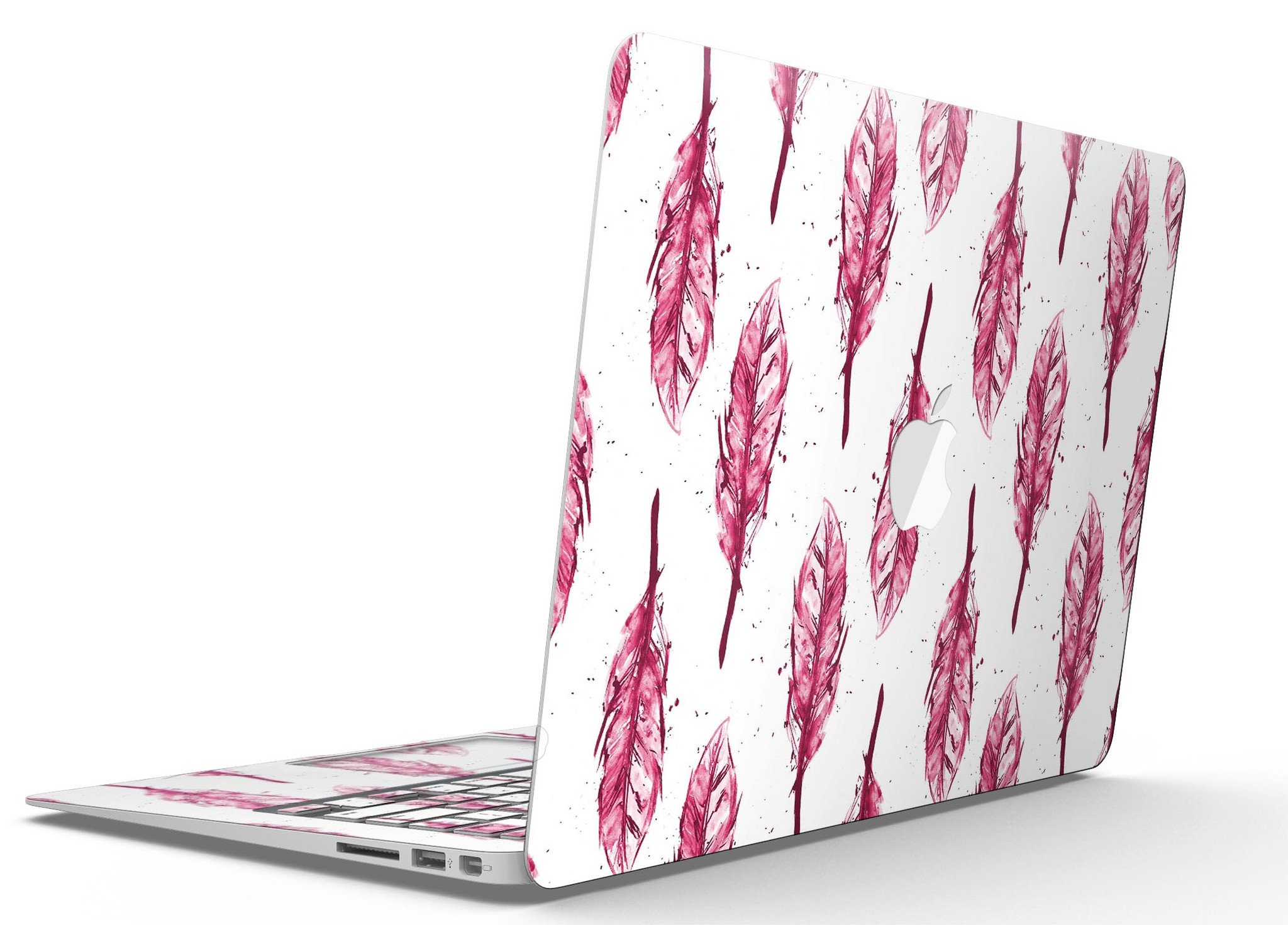 Crimson Feather Pattern MacBook Air Skin Kit showcasing vibrant design and premium vinyl material.