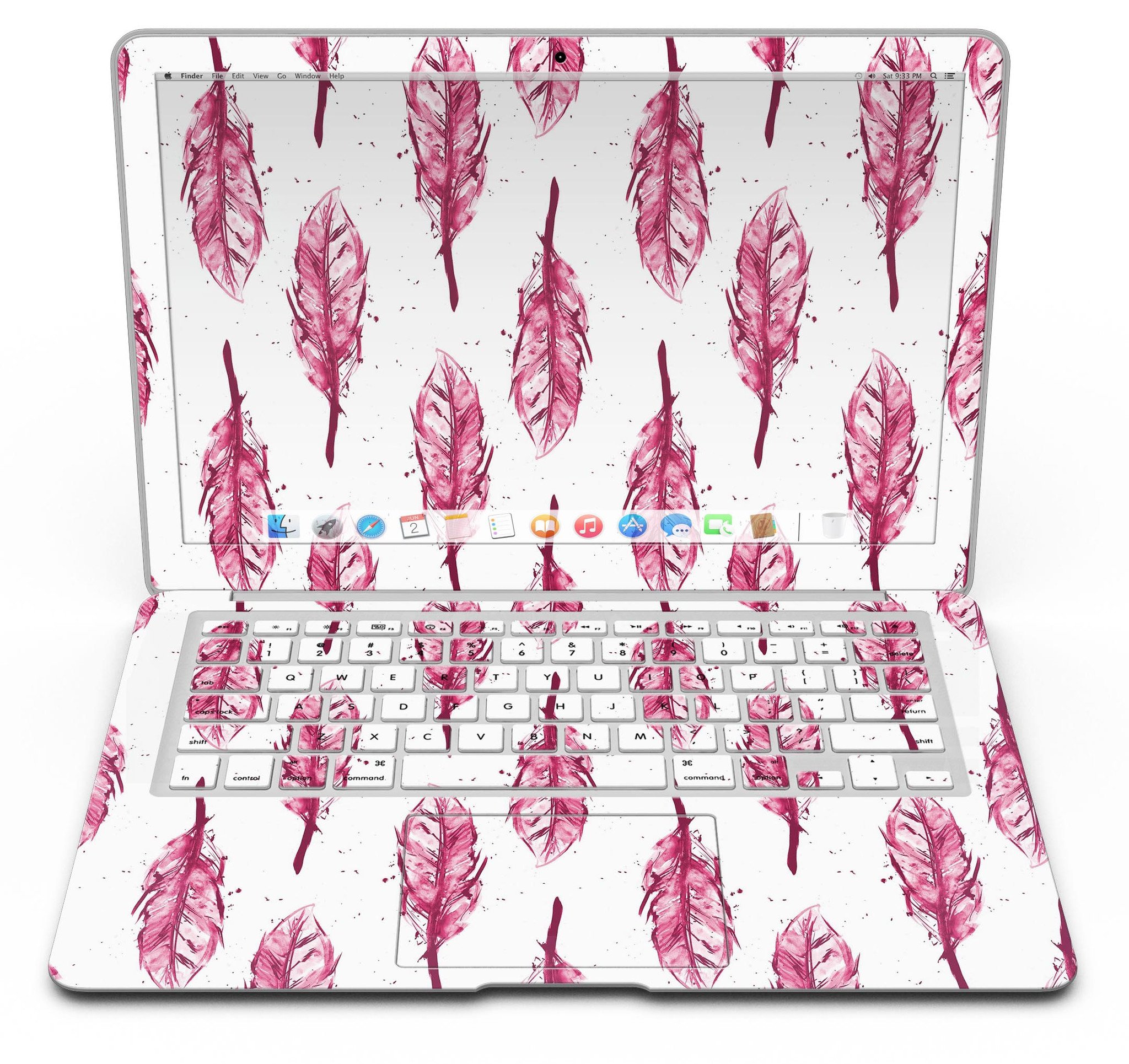 Crimson Feather Pattern MacBook Air Skin Kit showcasing vibrant design and premium vinyl material.