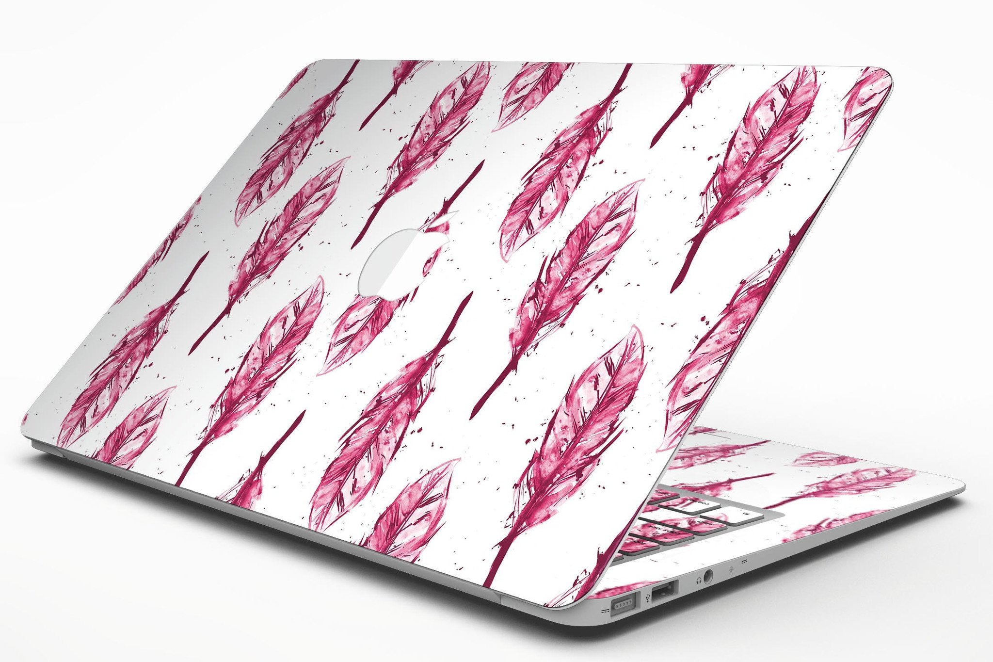 Crimson Feather Pattern MacBook Air Skin Kit showcasing vibrant design and premium vinyl material.