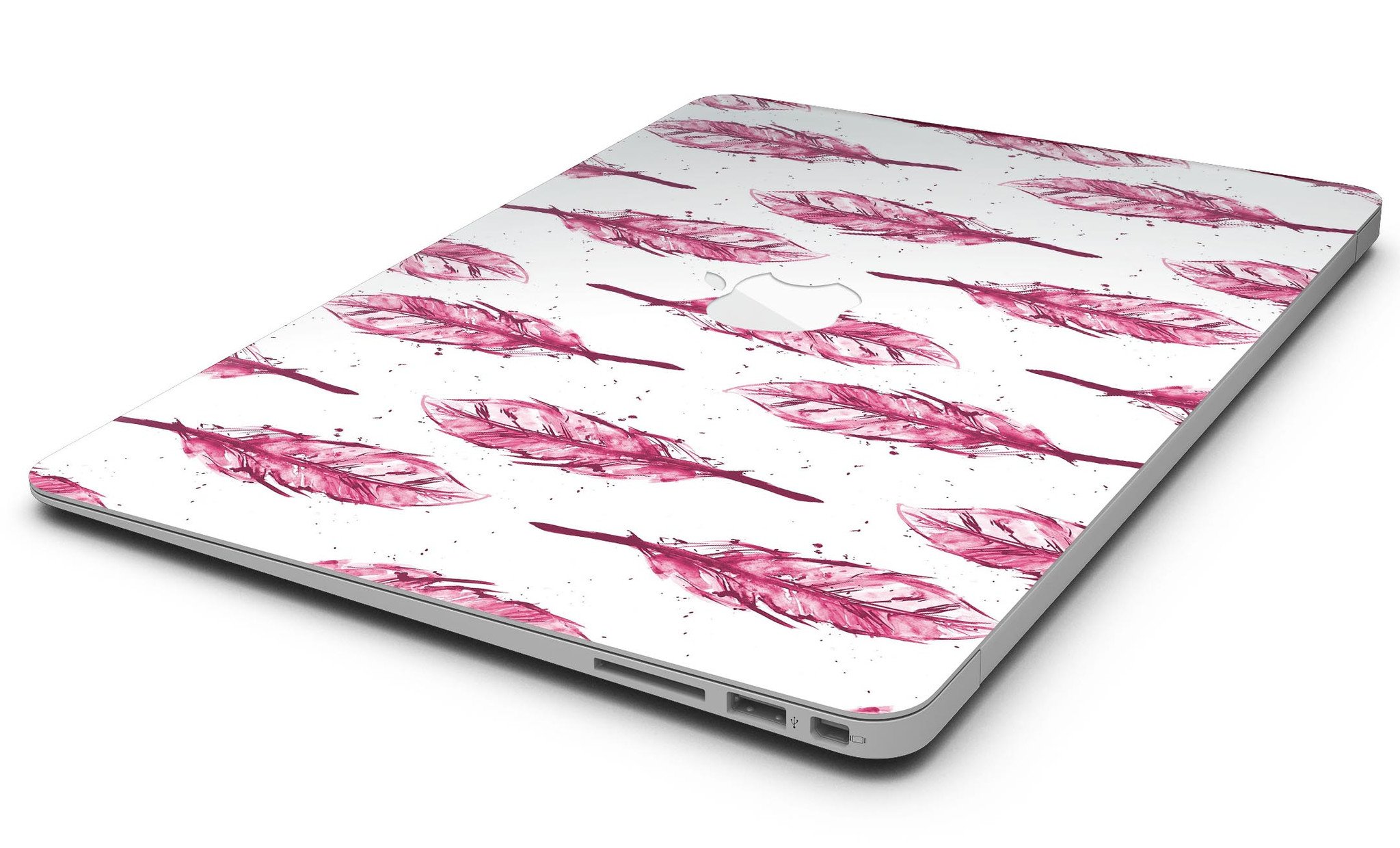 Crimson Feather Pattern MacBook Air Skin Kit showcasing vibrant design and premium vinyl material.