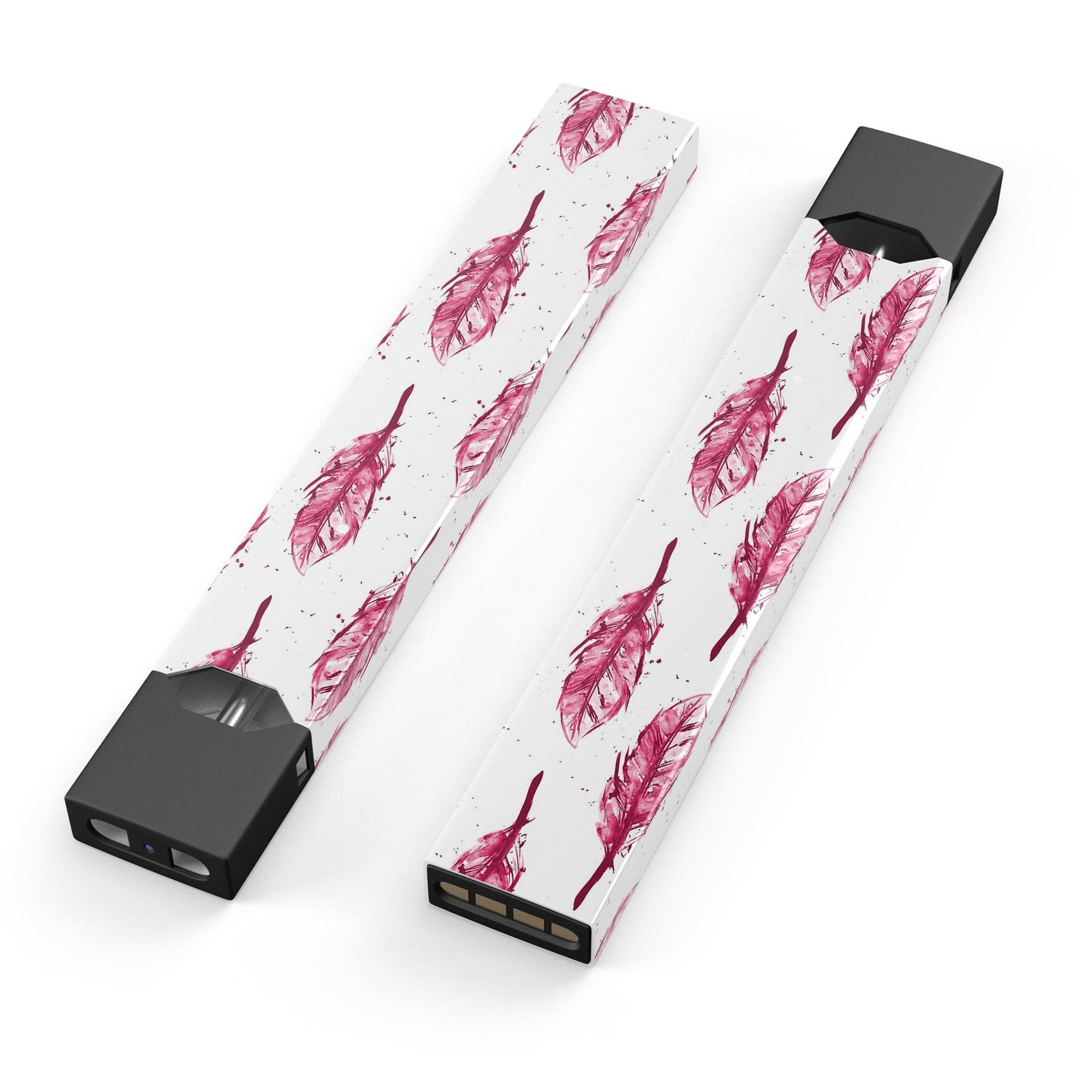 Crimson Feather Pattern skin-wrap sticker designed for JUUL vaping device, showcasing vibrant colors and intricate feather design.