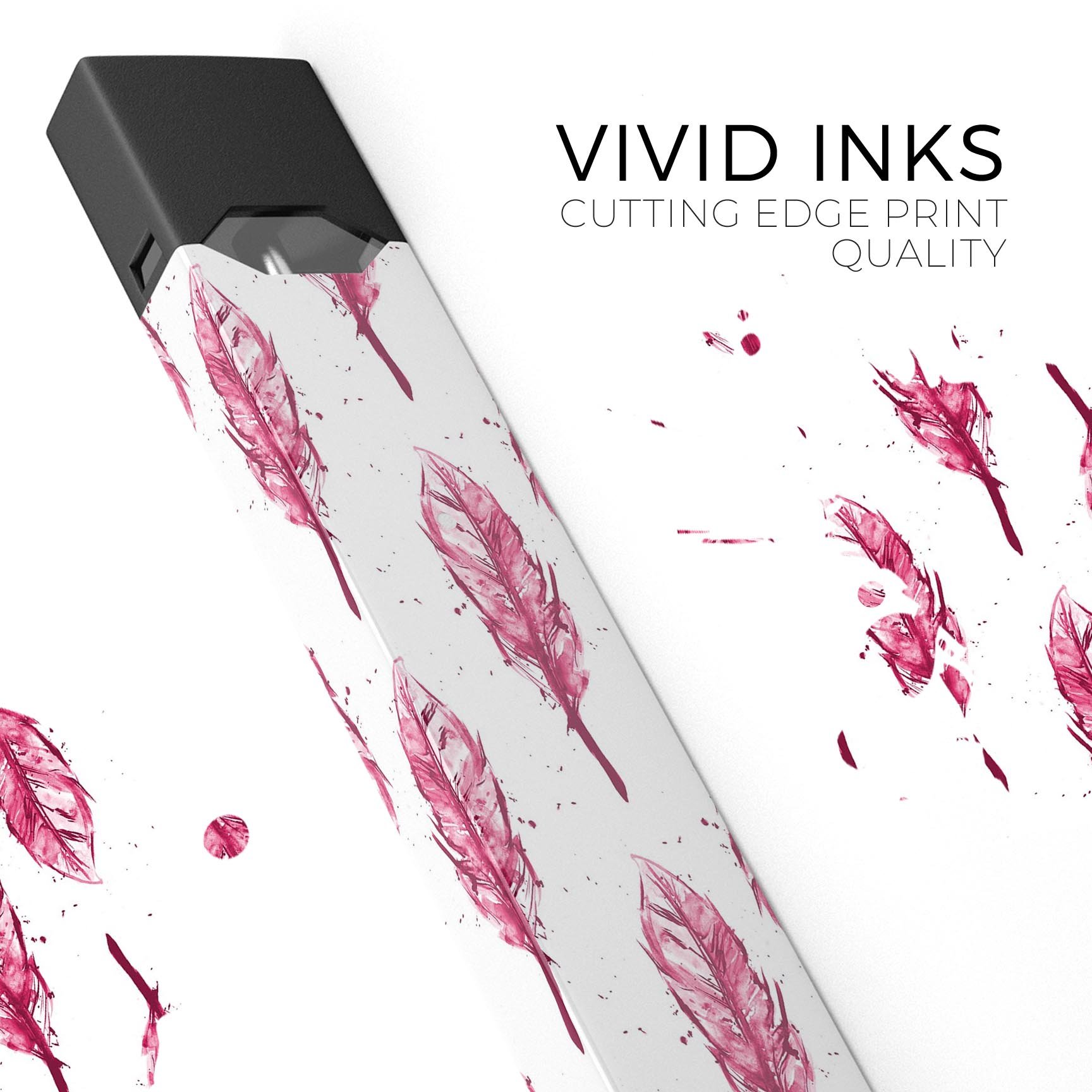 Crimson Feather Pattern skin-wrap sticker designed for JUUL vaping device, showcasing vibrant colors and intricate feather design.