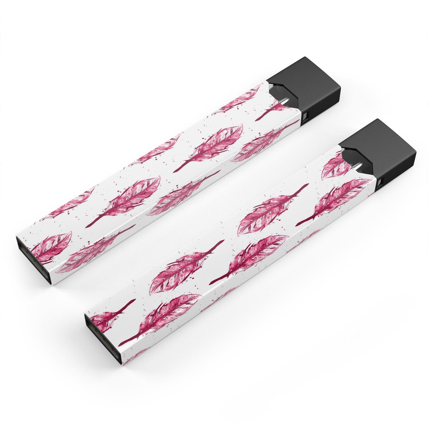 Crimson Feather Pattern skin-wrap sticker designed for JUUL vaping device, showcasing vibrant colors and intricate feather design.