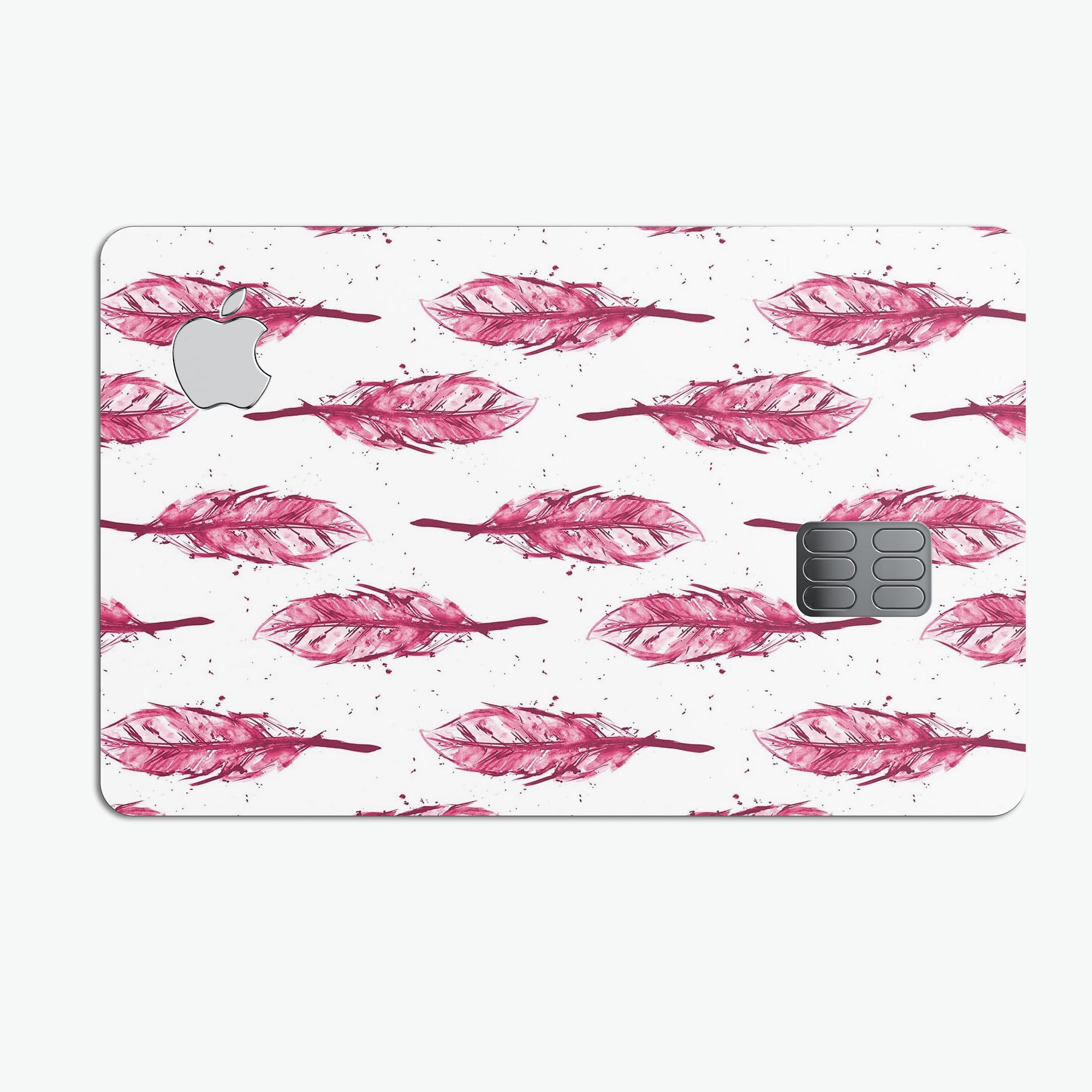 Crimson Feather Pattern skin decal for Apple Card, showcasing vibrant colors and intricate feather design.