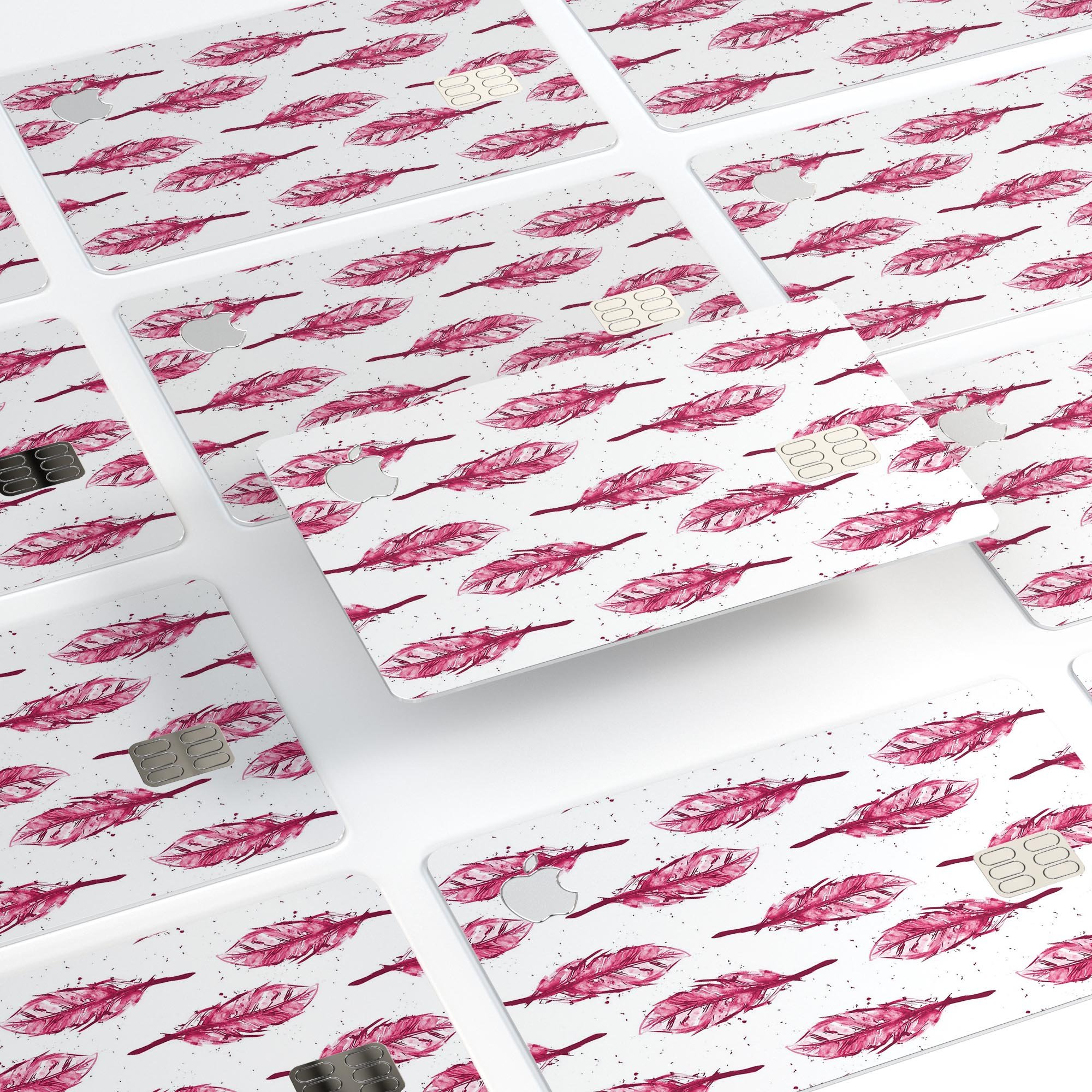 Crimson Feather Pattern skin decal for Apple Card, showcasing vibrant colors and intricate feather design.