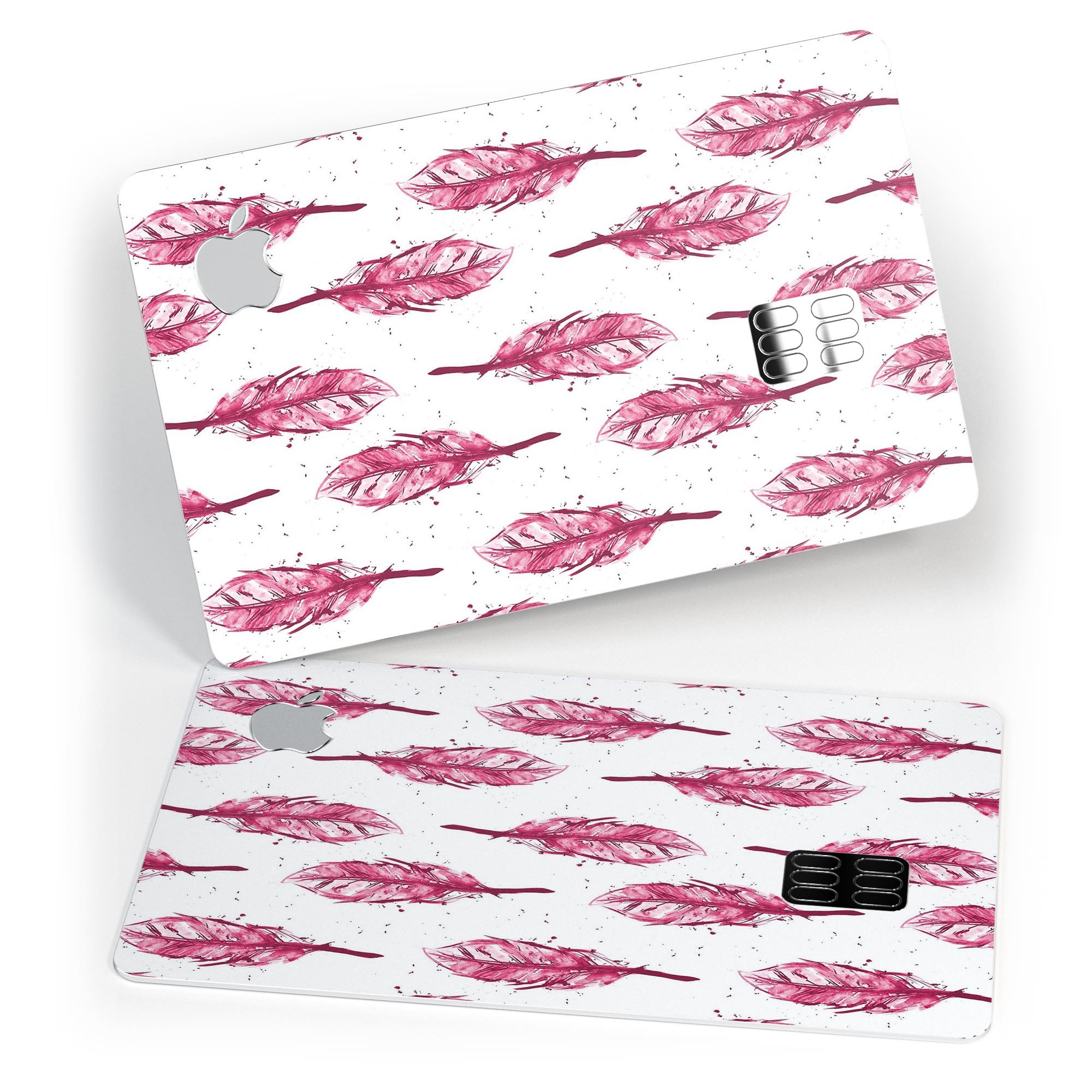 Crimson Feather Pattern skin decal for Apple Card, showcasing vibrant colors and intricate feather design.