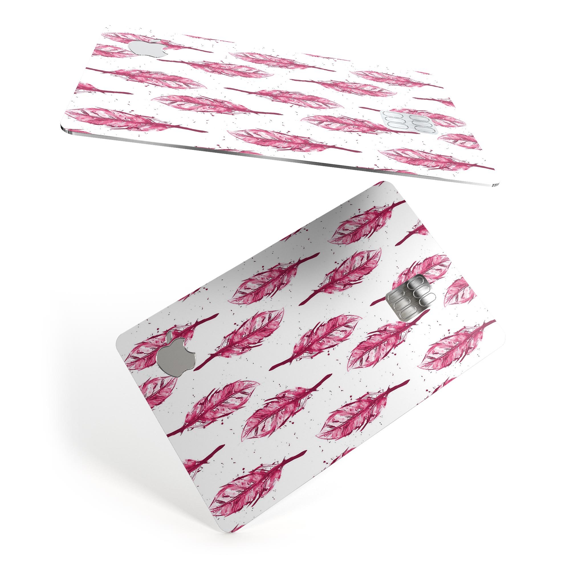 Crimson Feather Pattern skin decal for Apple Card, showcasing vibrant colors and intricate feather design.