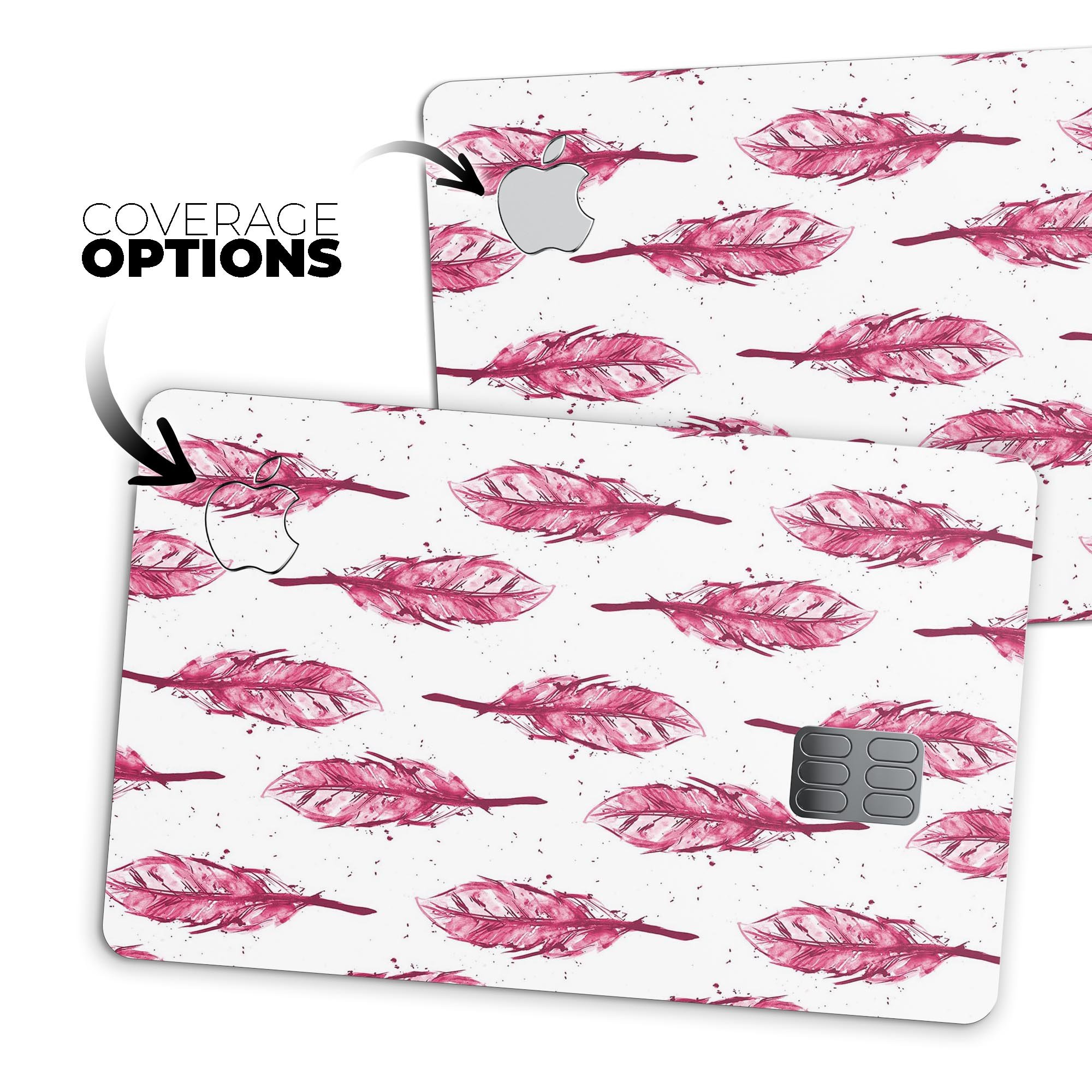 Crimson Feather Pattern skin decal for Apple Card, showcasing vibrant colors and intricate feather design.