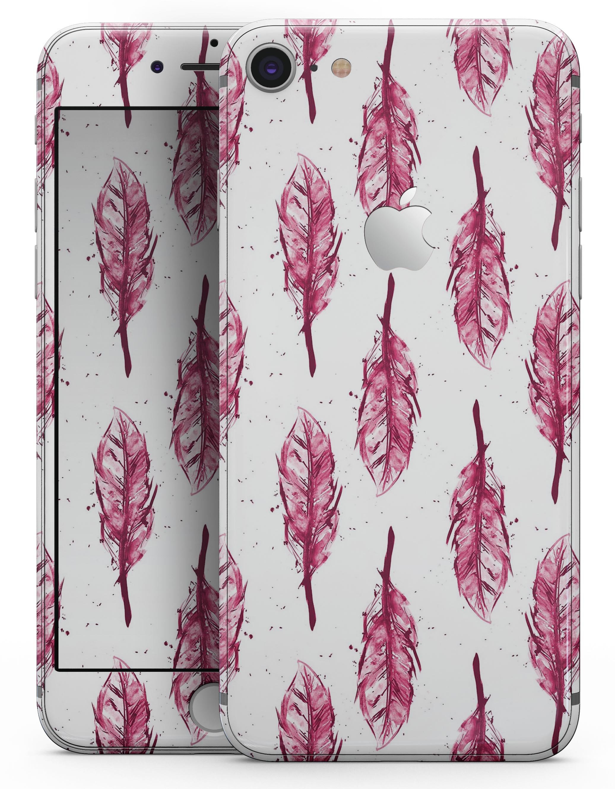 Crimson Feather Pattern skin for iPhone 8 and 8 Plus, showcasing vibrant colors and intricate feather design.