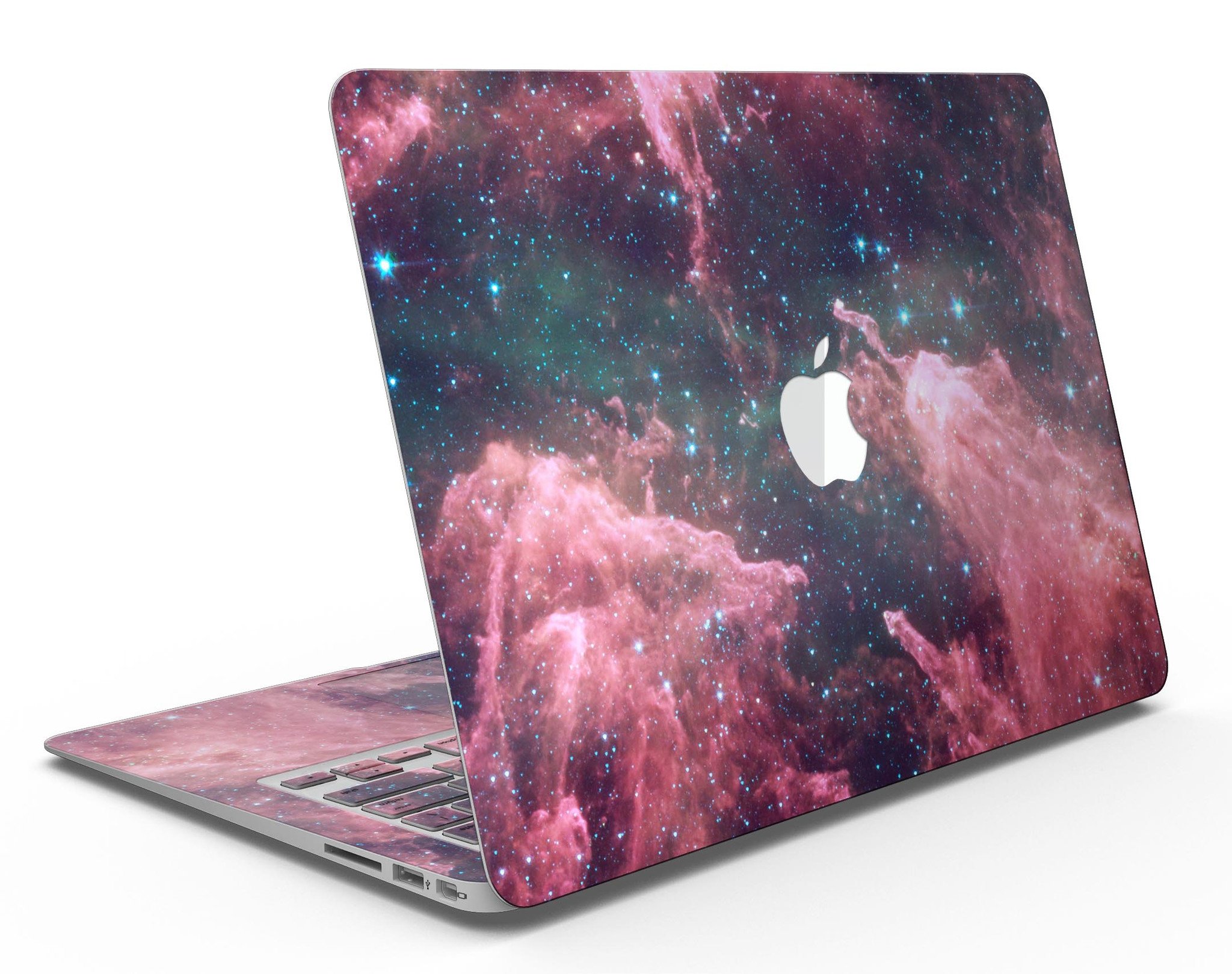 Crimson Nebula skin kit for MacBook Air, showcasing vibrant colors and premium vinyl material.