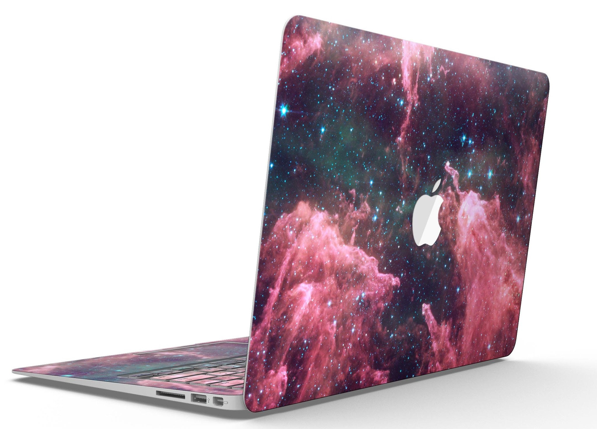 Crimson Nebula skin kit for MacBook Air, showcasing vibrant colors and premium vinyl material.