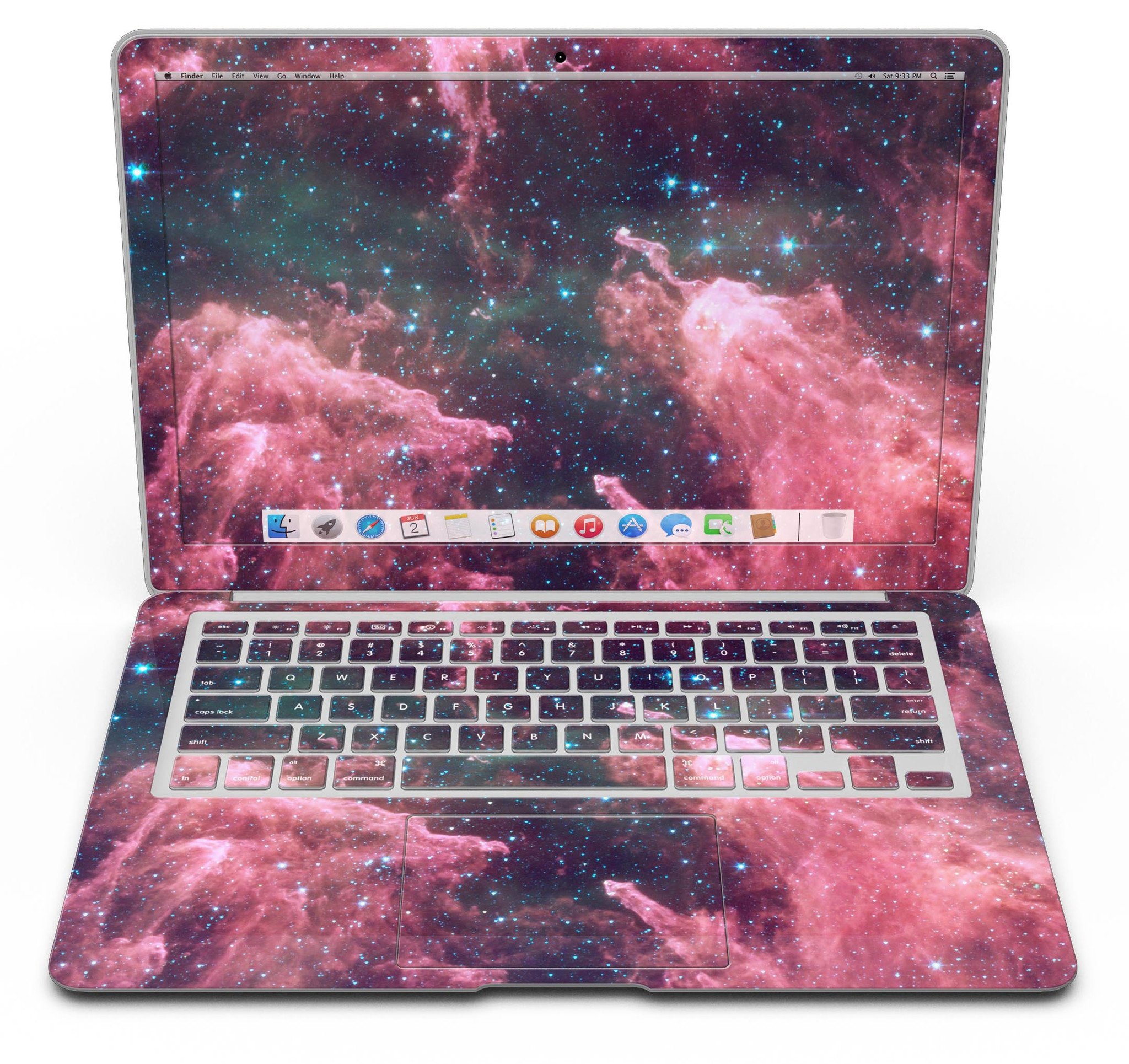 Crimson Nebula skin kit for MacBook Air, showcasing vibrant colors and premium vinyl material.