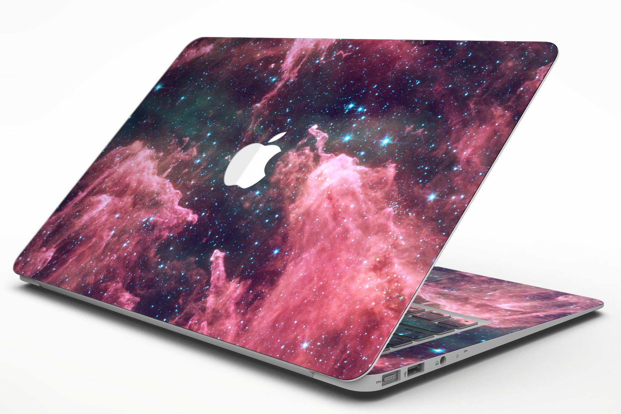 Crimson Nebula skin kit for MacBook Air, showcasing vibrant colors and premium vinyl material.