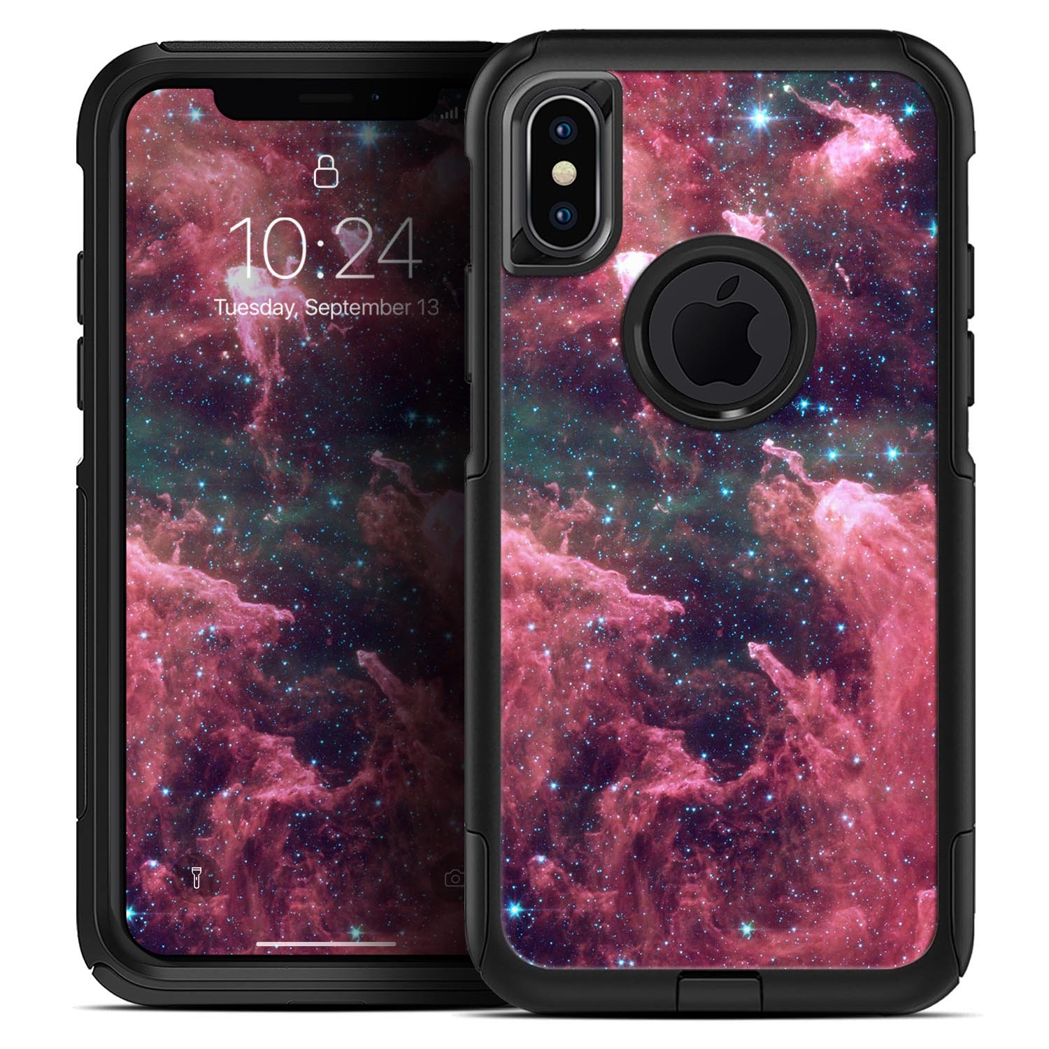 Crimson Nebula Skin Kit for iPhone OtterBox Cases featuring a vibrant nebula design with dual-layer protection.