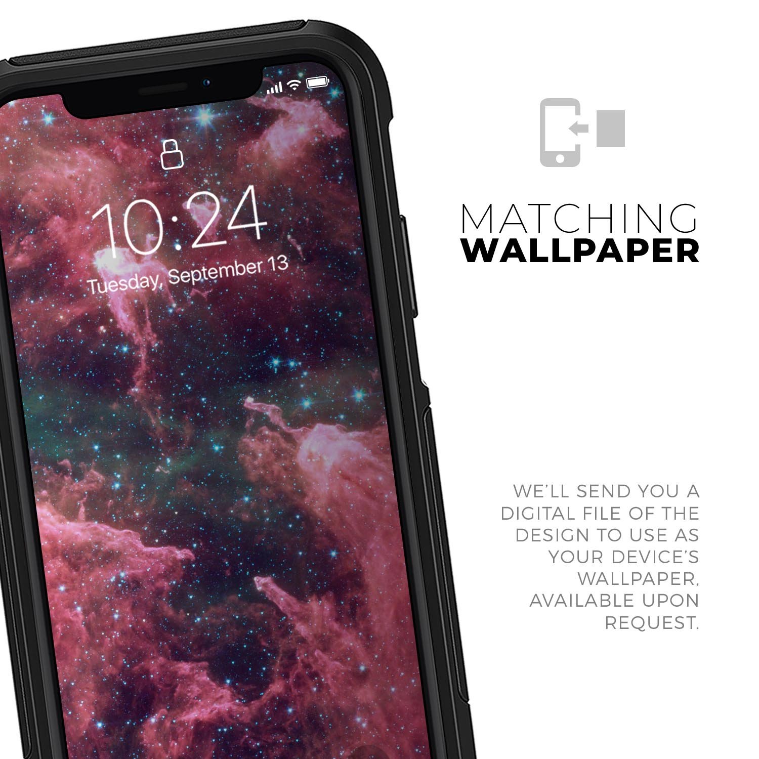 Crimson Nebula Skin Kit for iPhone OtterBox Cases featuring a vibrant nebula design with dual-layer protection.