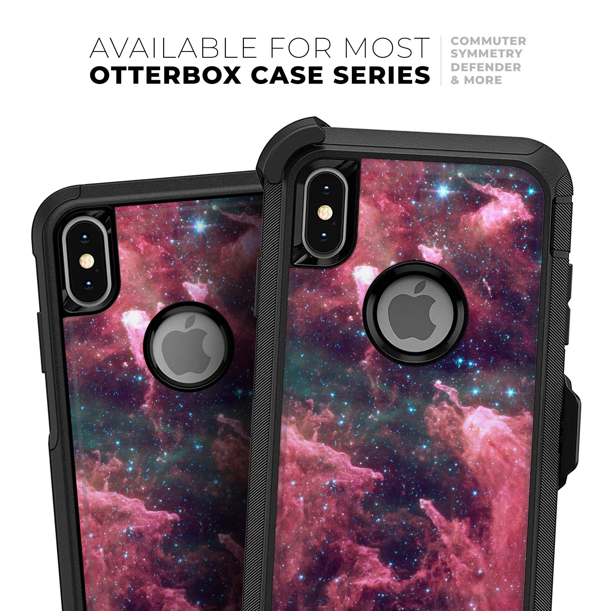 Crimson Nebula Skin Kit for iPhone OtterBox Cases featuring a vibrant nebula design with dual-layer protection.