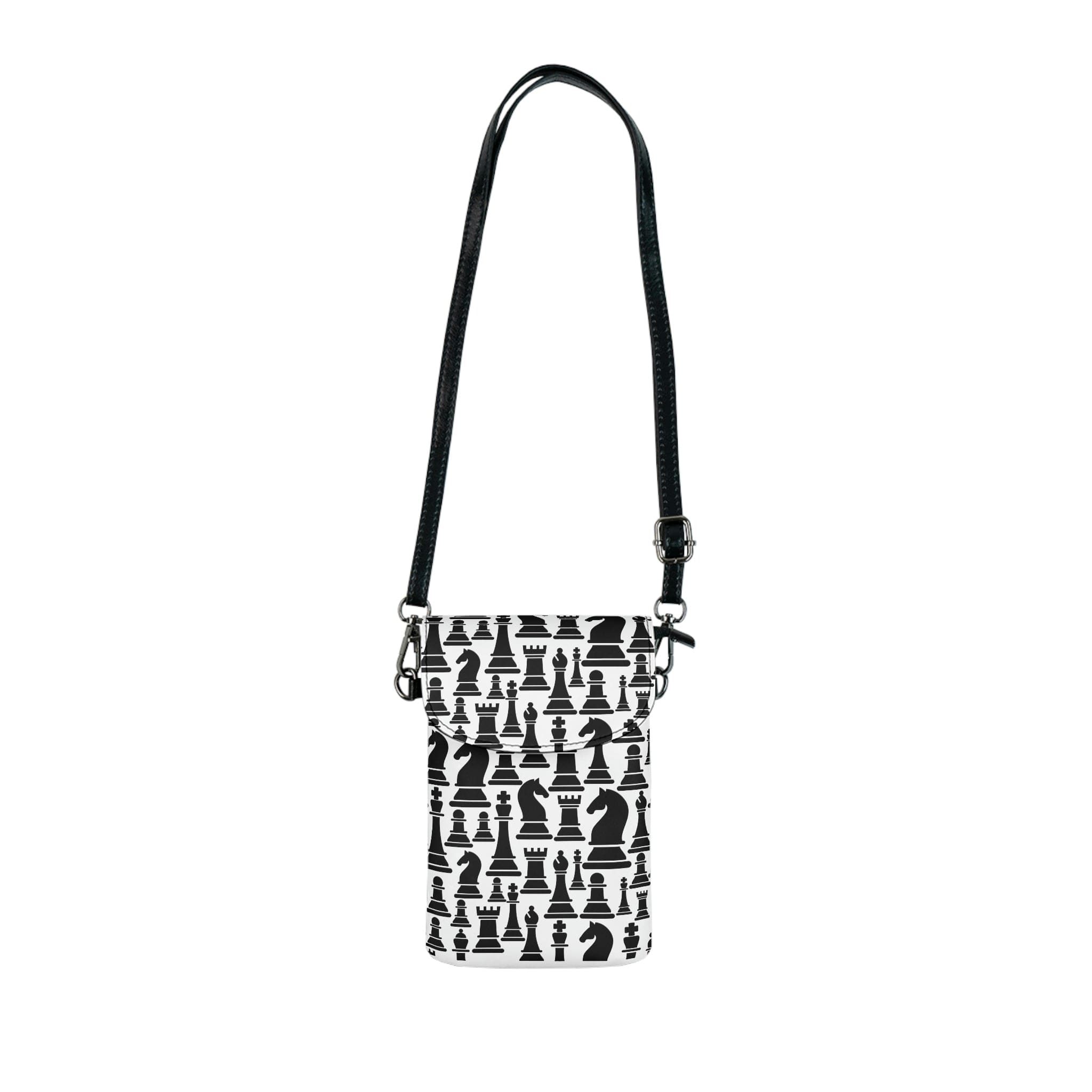 Crossbody cell phone purse featuring a black and white chess print, with adjustable strap and multiple compartments for phone and cards.