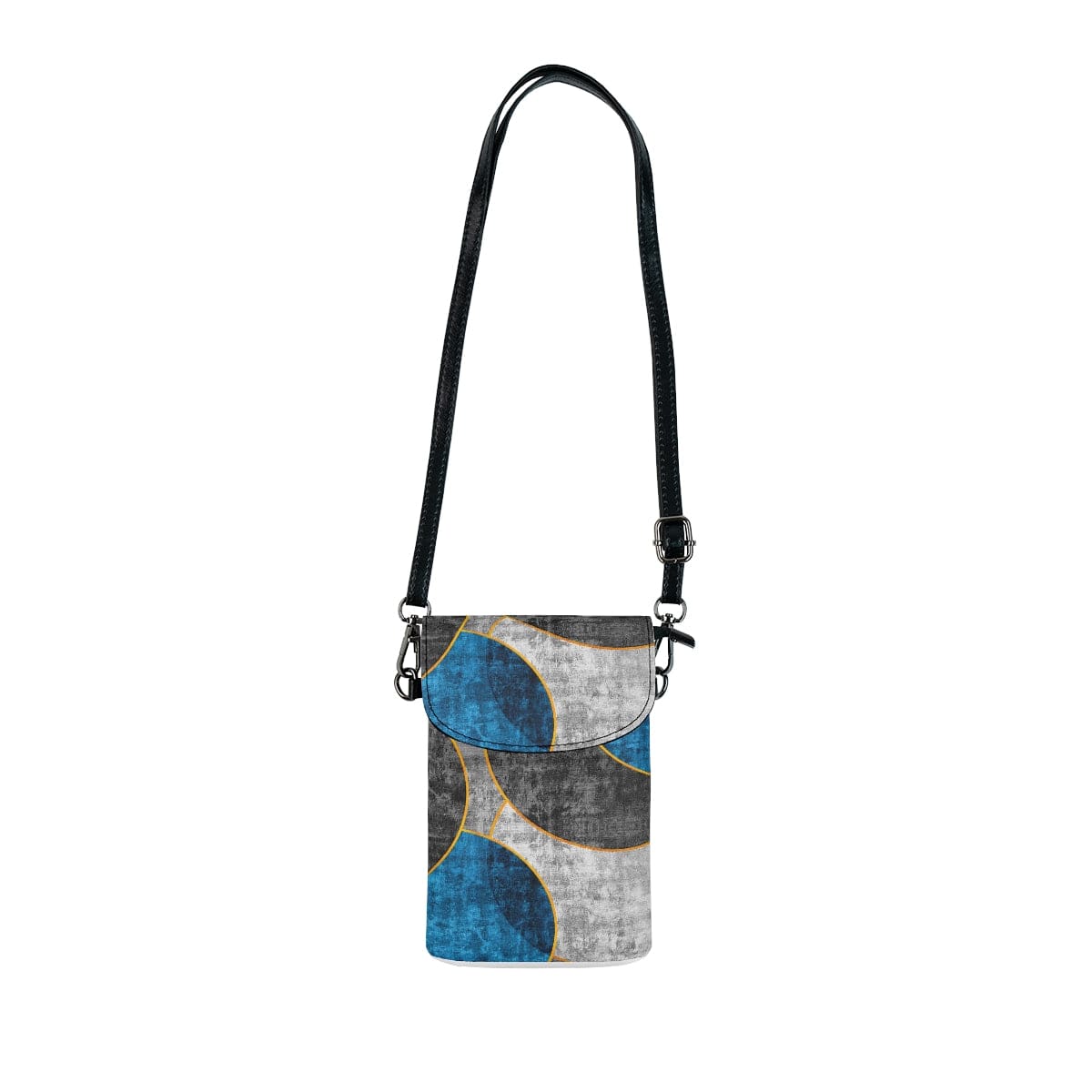 Crossbody cell phone purse featuring a black, blue, and grey circular geometric pattern, with adjustable strap and compartments for phone and cards.