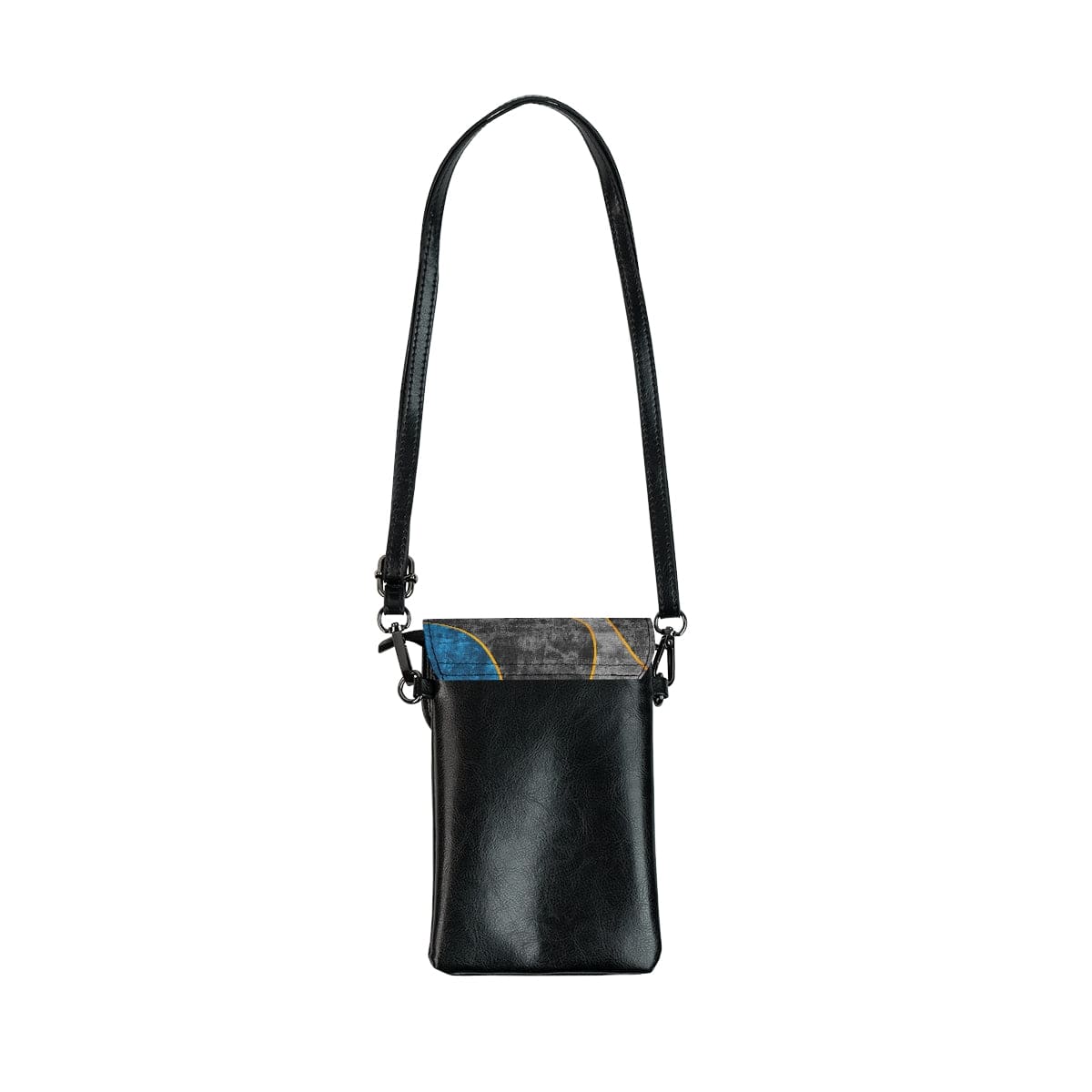 Crossbody cell phone purse featuring a black, blue, and grey circular geometric pattern, with adjustable strap and compartments for phone and cards.