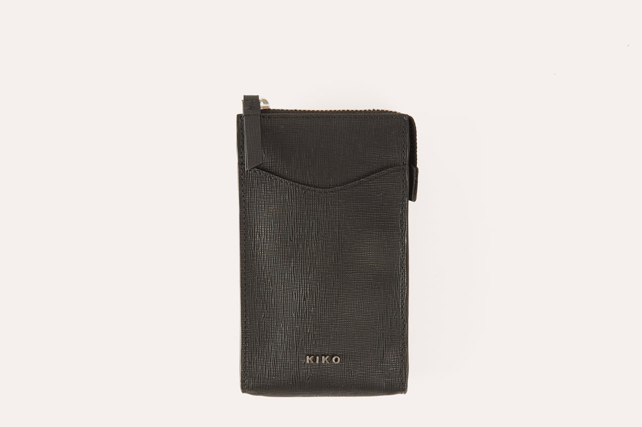 Stylish Crossbody Phone Wallet made of genuine Saffiano leather, featuring adjustable strap and multiple pockets for iPhone and cards.