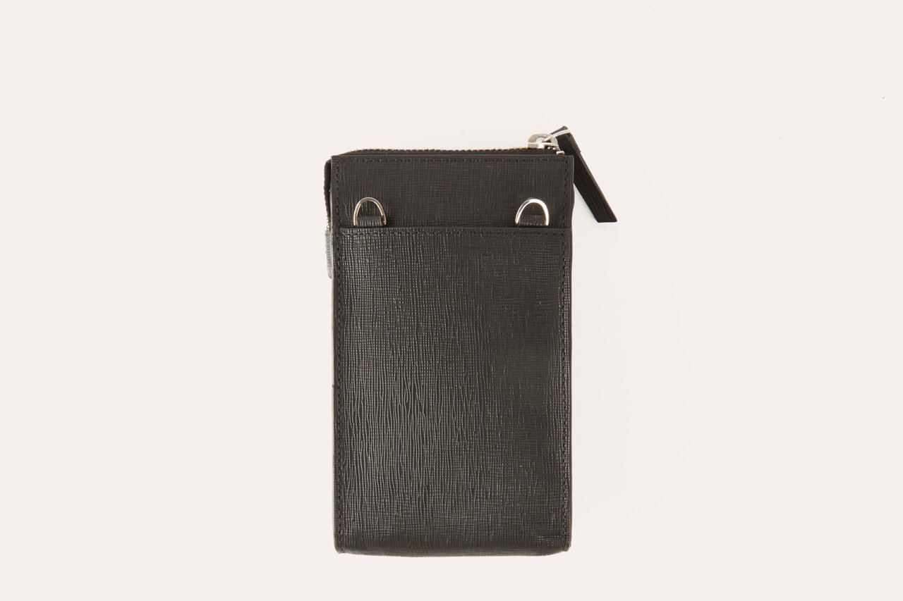 Stylish Crossbody Phone Wallet made of genuine Saffiano leather, featuring adjustable strap and multiple pockets for iPhone and cards.