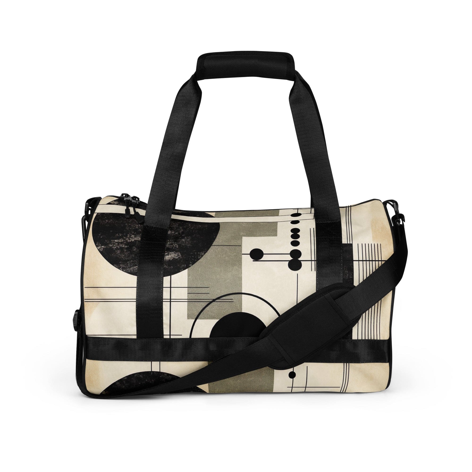 Crossbody water-resistant travel bag featuring abstract black, beige, and brown geometric shapes, designed for fitness and travel.