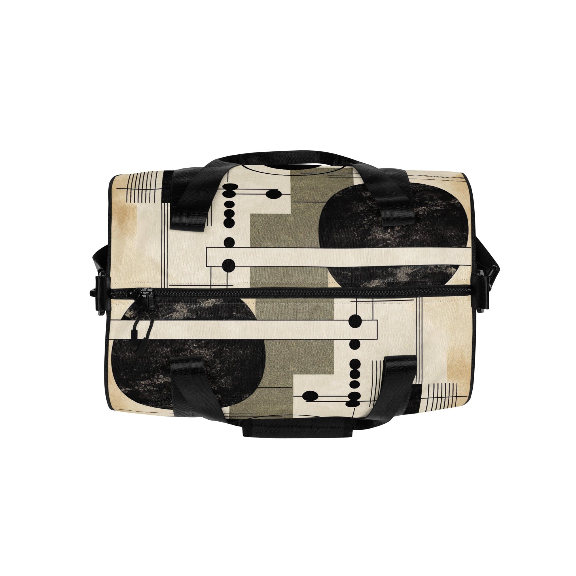 Crossbody water-resistant travel bag featuring abstract black, beige, and brown geometric shapes, designed for fitness and travel.