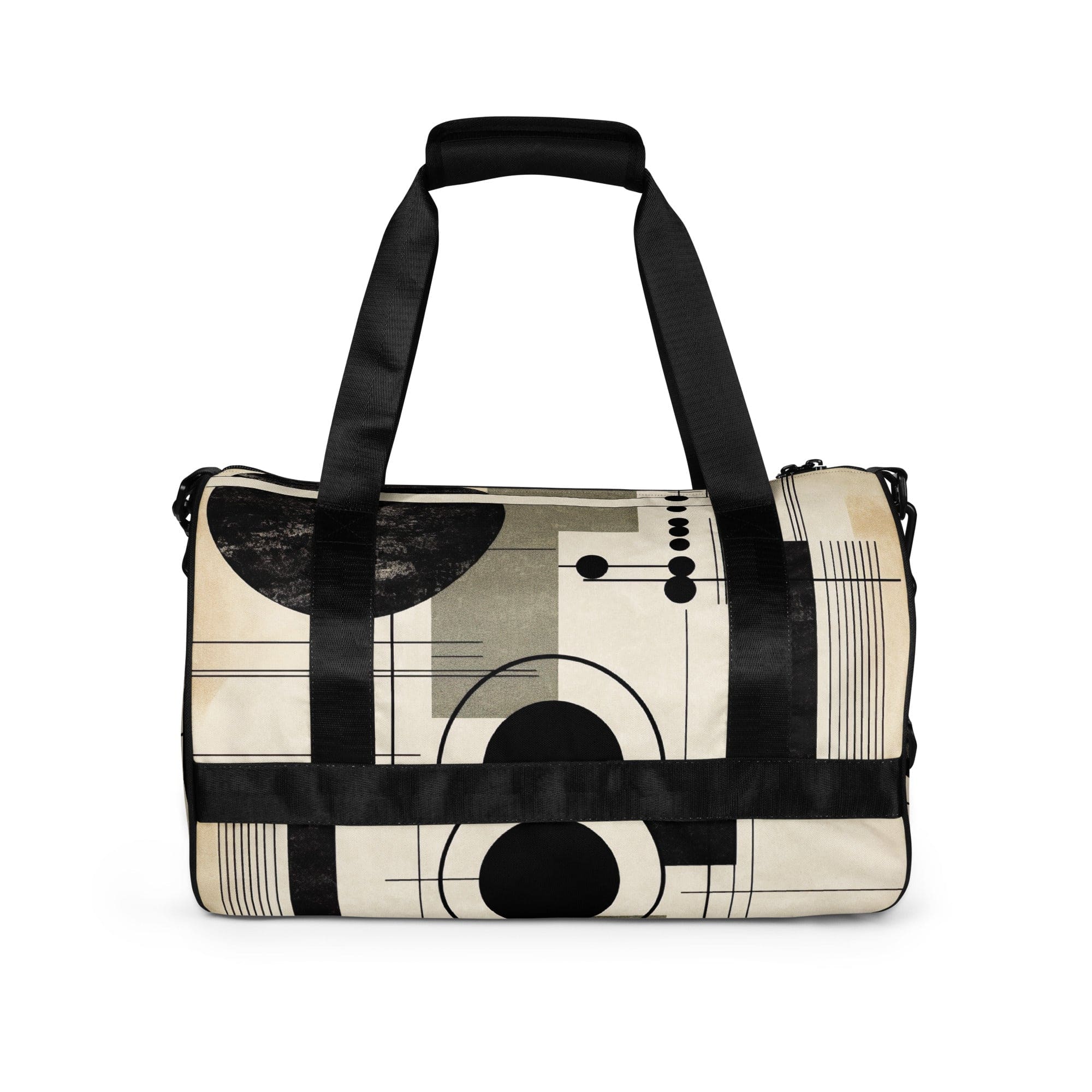 Crossbody water-resistant travel bag featuring abstract black, beige, and brown geometric shapes, designed for fitness and travel.