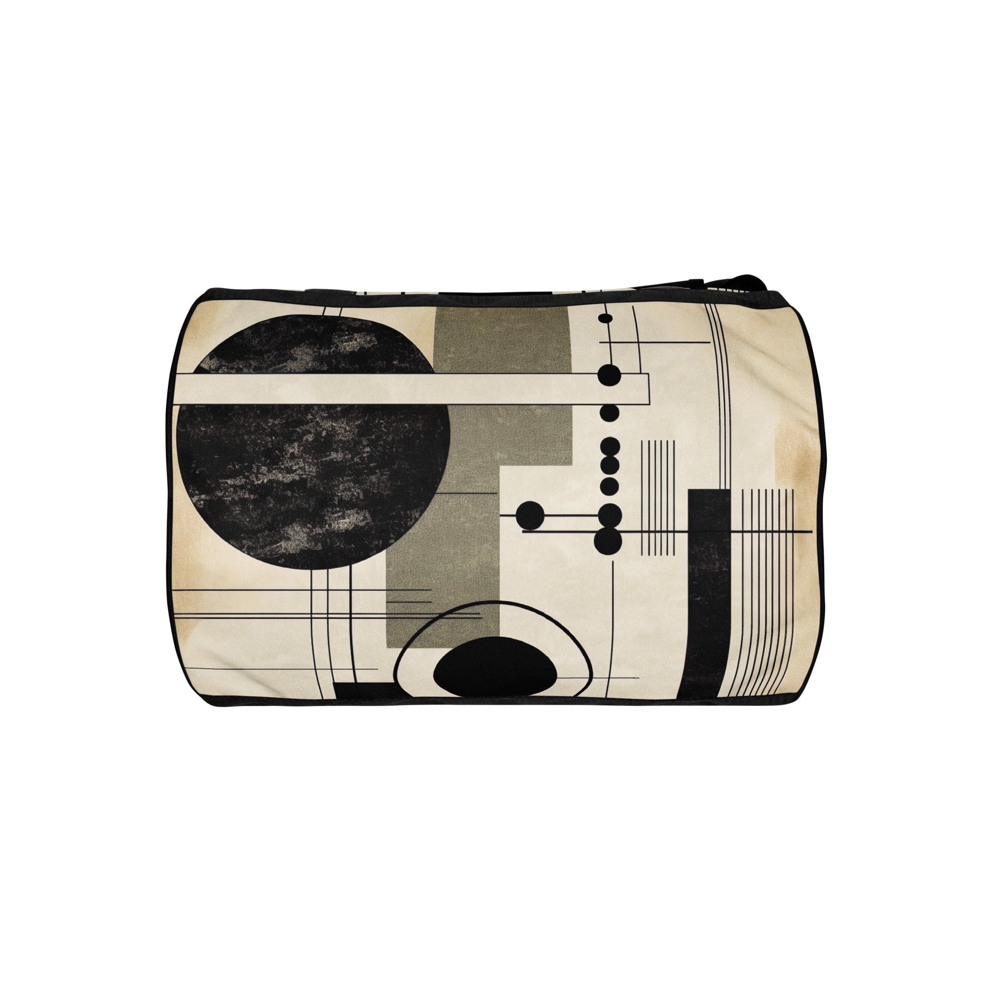 Crossbody water-resistant travel bag featuring abstract black, beige, and brown geometric shapes, designed for fitness and travel.