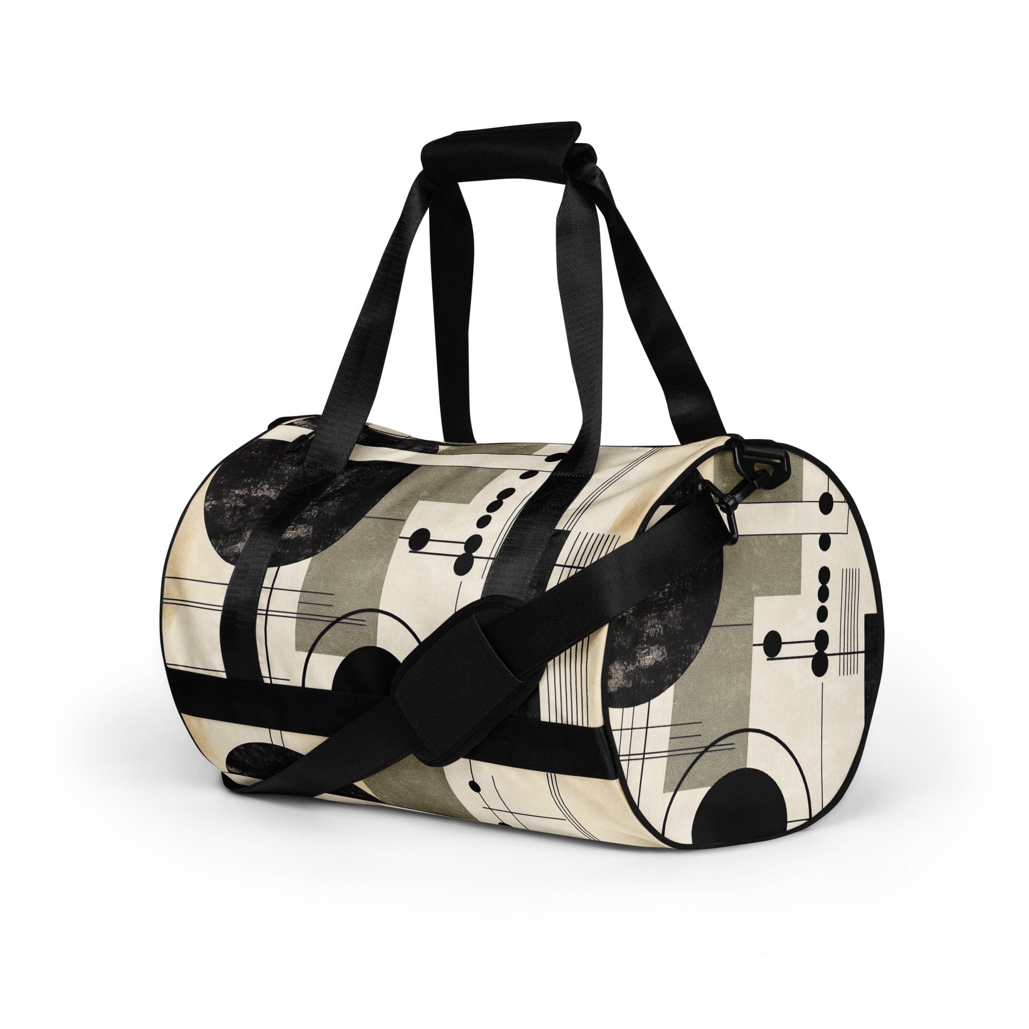 Crossbody water-resistant travel bag featuring abstract black, beige, and brown geometric shapes, designed for fitness and travel.