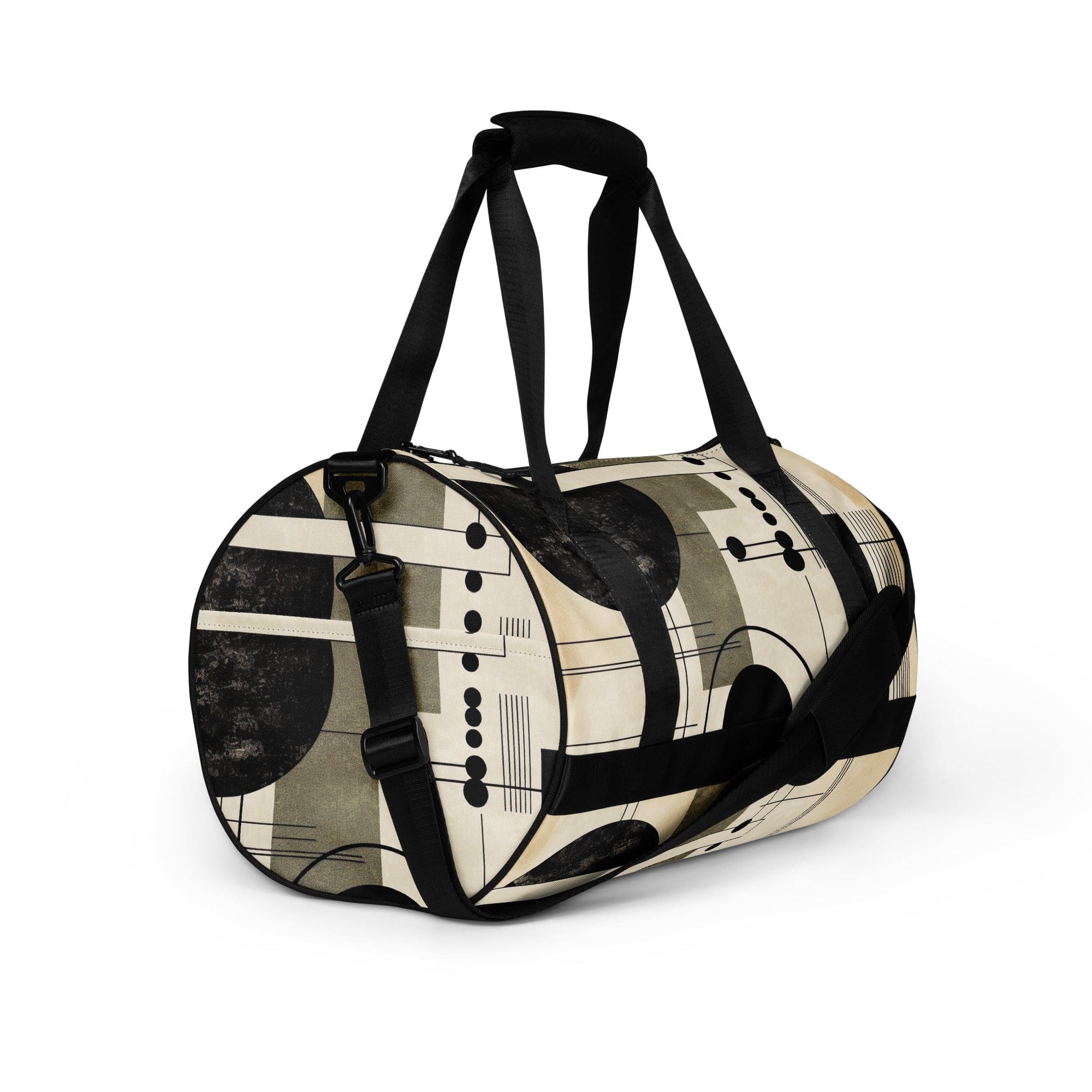 Crossbody water-resistant travel bag featuring abstract black, beige, and brown geometric shapes, designed for fitness and travel.