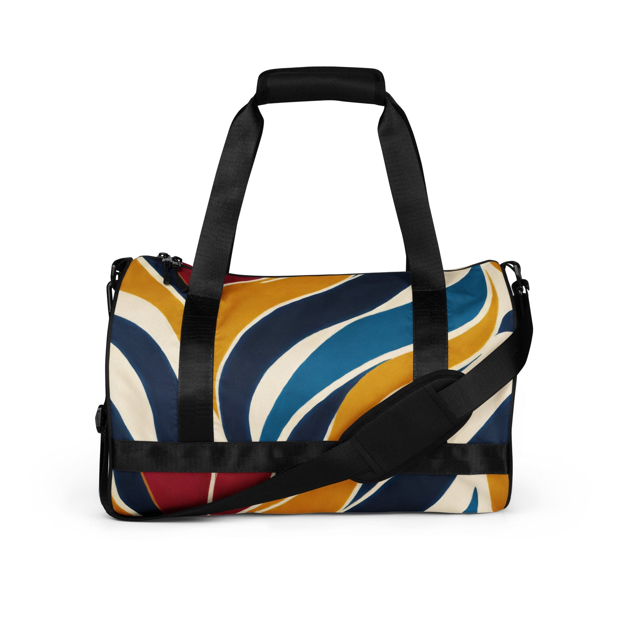 Crossbody water-resistant travel bag featuring an abstract multicolor swirl line pattern, designed for fitness and travel with padded handles.