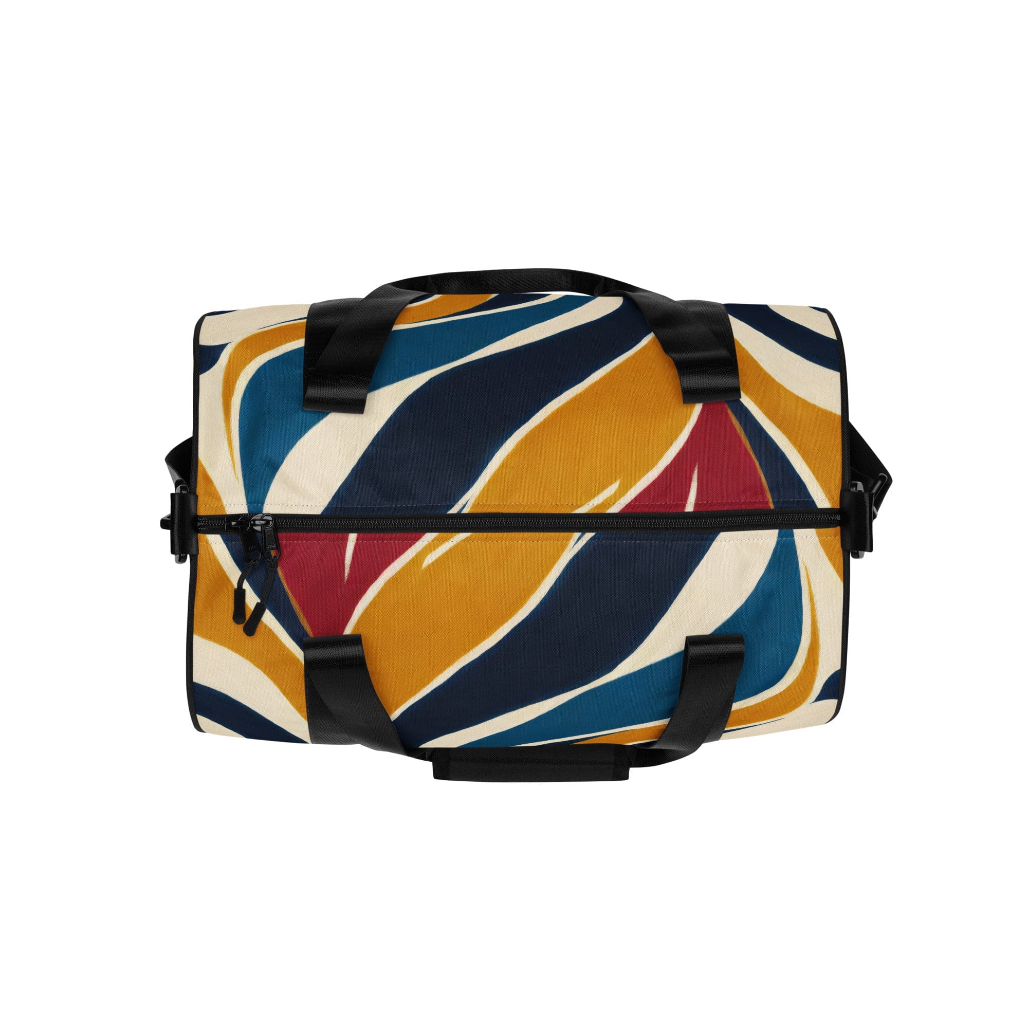 Crossbody water-resistant travel bag featuring an abstract multicolor swirl line pattern, designed for fitness and travel with padded handles.