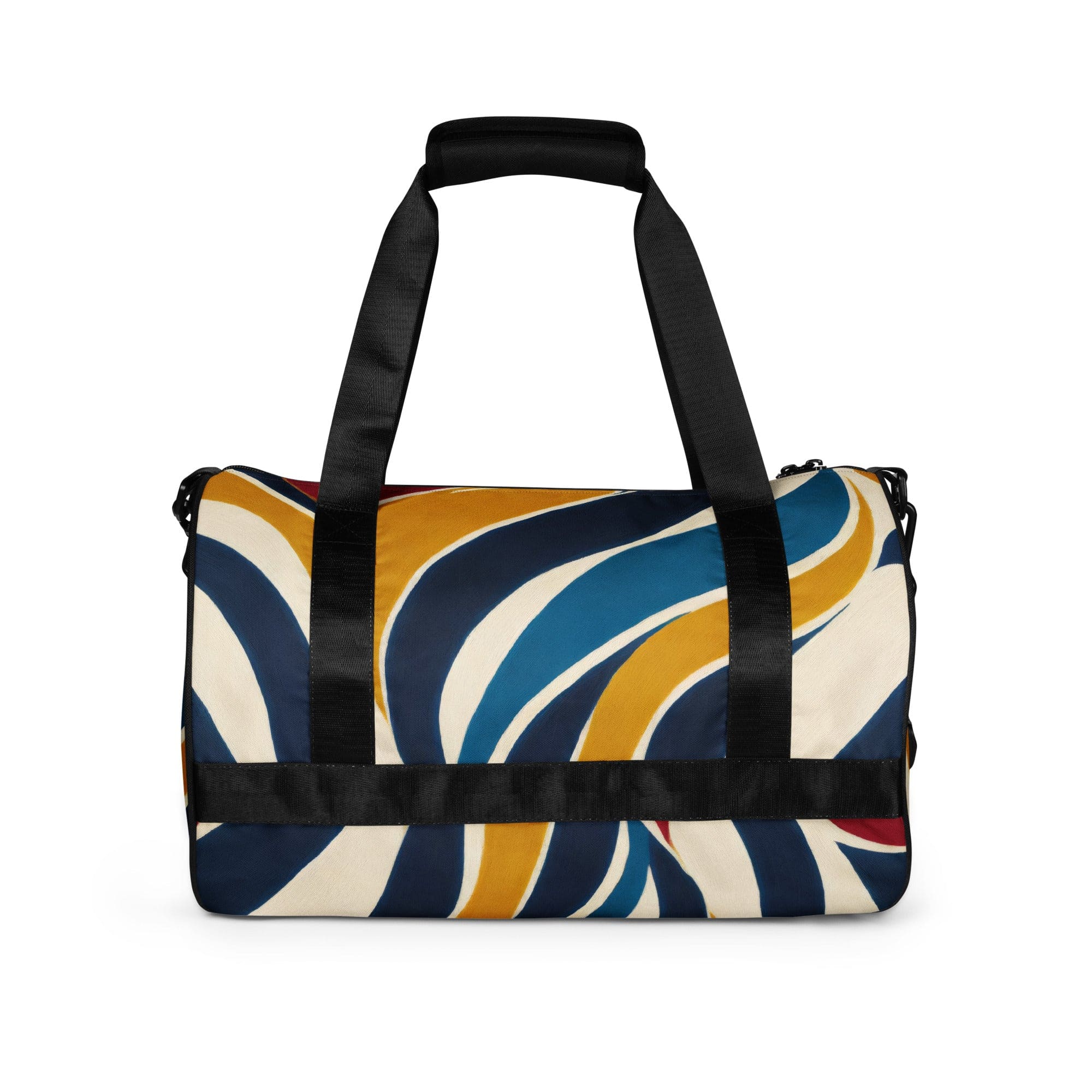 Crossbody water-resistant travel bag featuring an abstract multicolor swirl line pattern, designed for fitness and travel with padded handles.