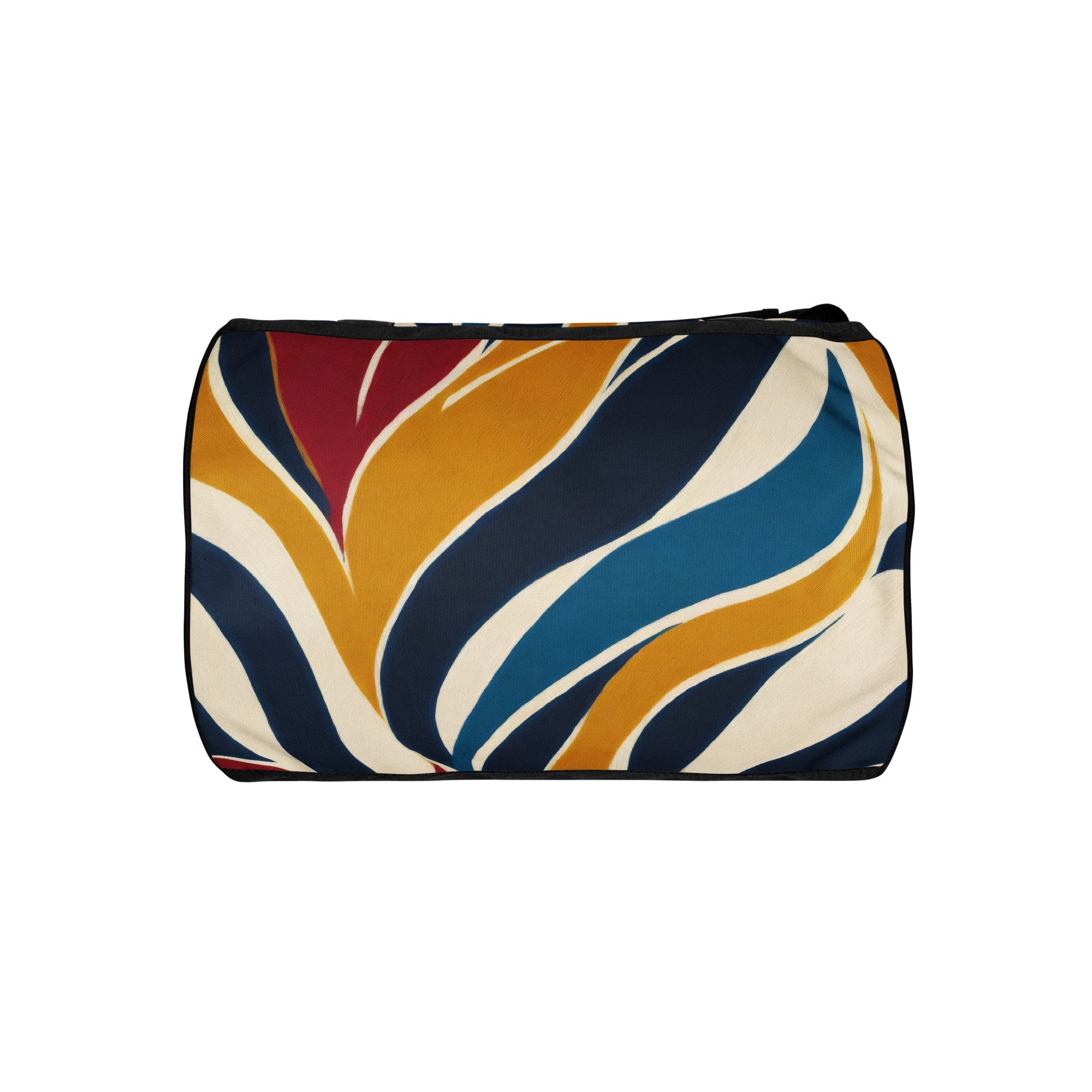 Crossbody water-resistant travel bag featuring an abstract multicolor swirl line pattern, designed for fitness and travel with padded handles.