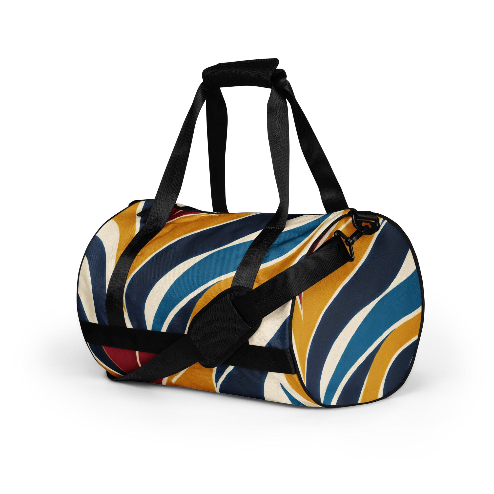 Crossbody water-resistant travel bag featuring an abstract multicolor swirl line pattern, designed for fitness and travel with padded handles.