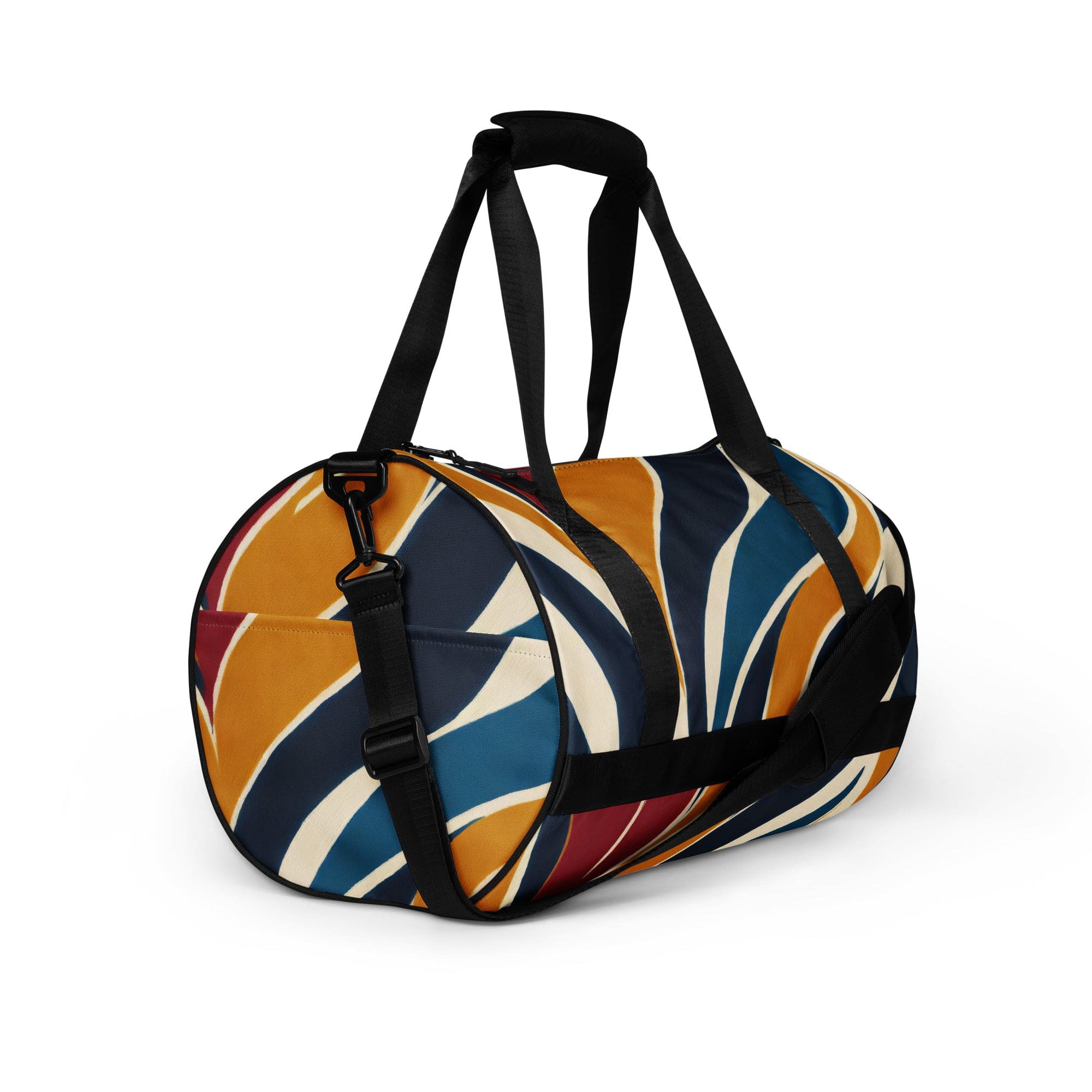 Crossbody water-resistant travel bag featuring an abstract multicolor swirl line pattern, designed for fitness and travel with padded handles.