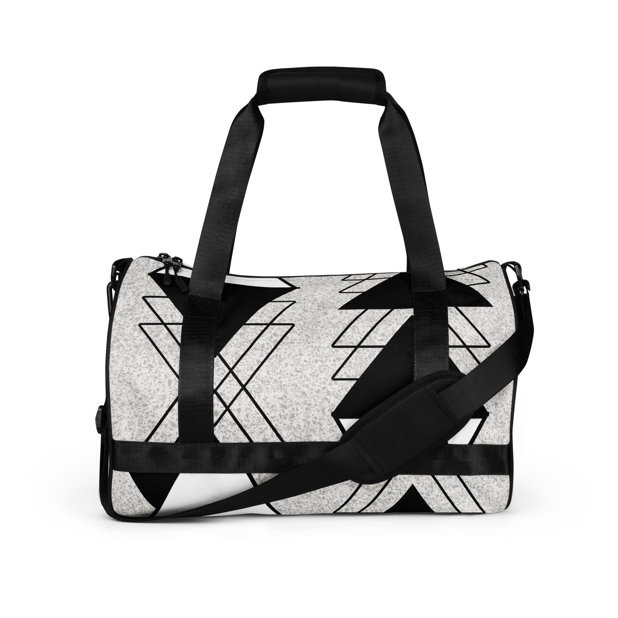 Crossbody Water-resistant Travel Bag in Black and White Ash Grey with triangular colorblock design, showcasing its durable fabric and multiple pockets.