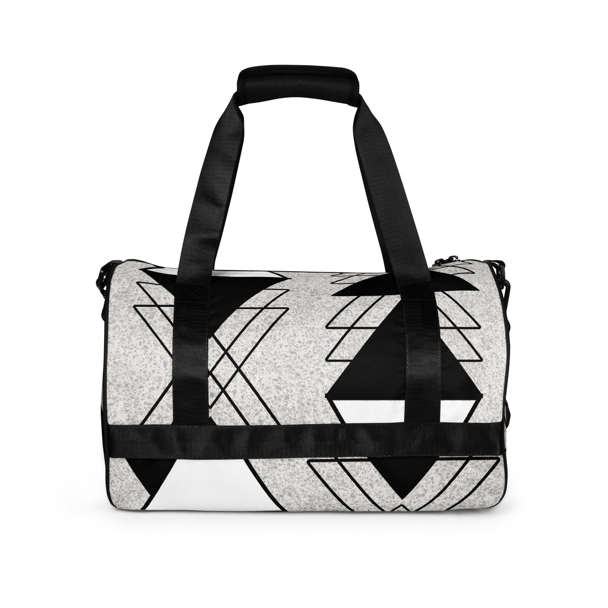 Crossbody Water-resistant Travel Bag in Black and White Ash Grey with triangular colorblock design, showcasing its durable fabric and multiple pockets.