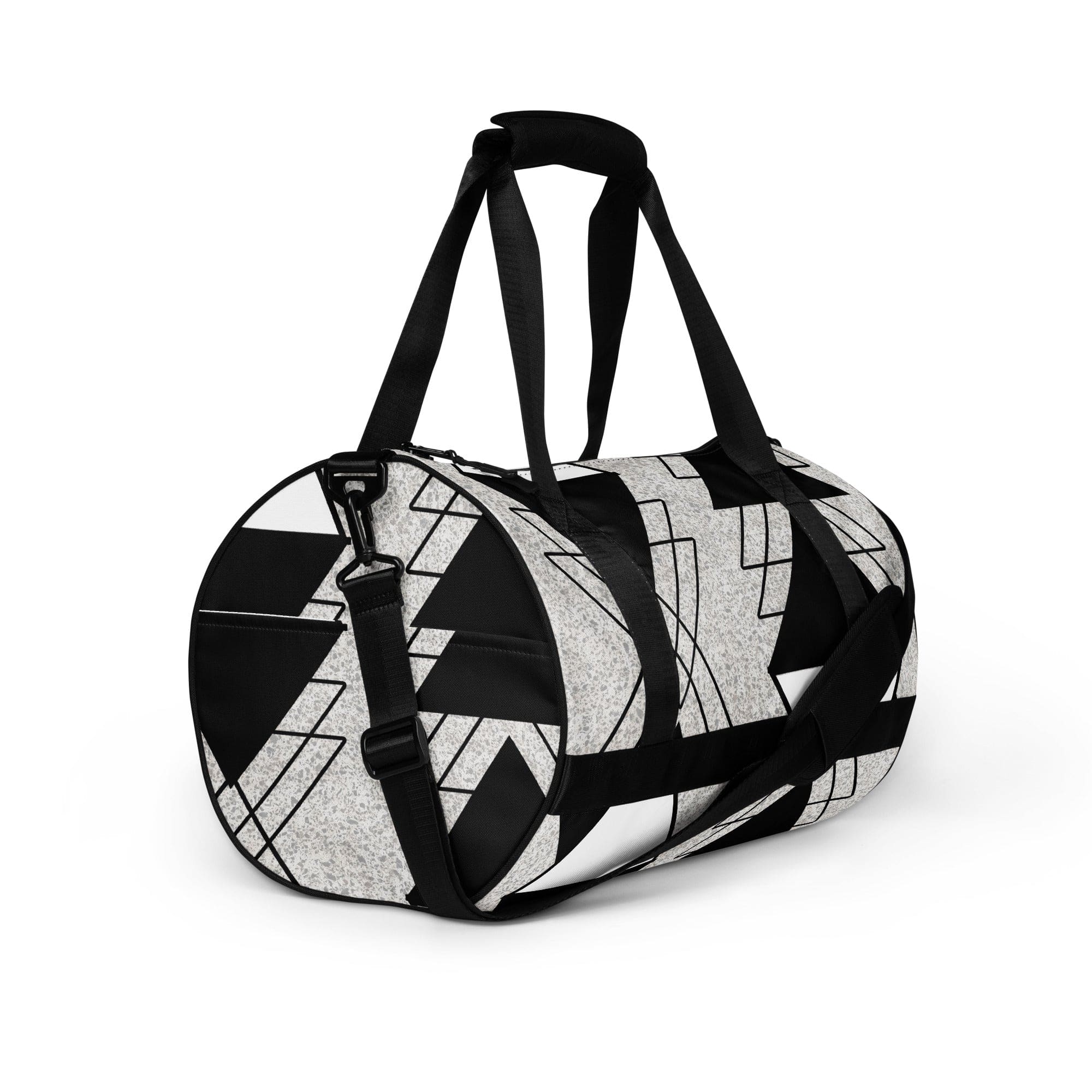 Crossbody Water-resistant Travel Bag in Black and White Ash Grey with triangular colorblock design, showcasing its durable fabric and multiple pockets.