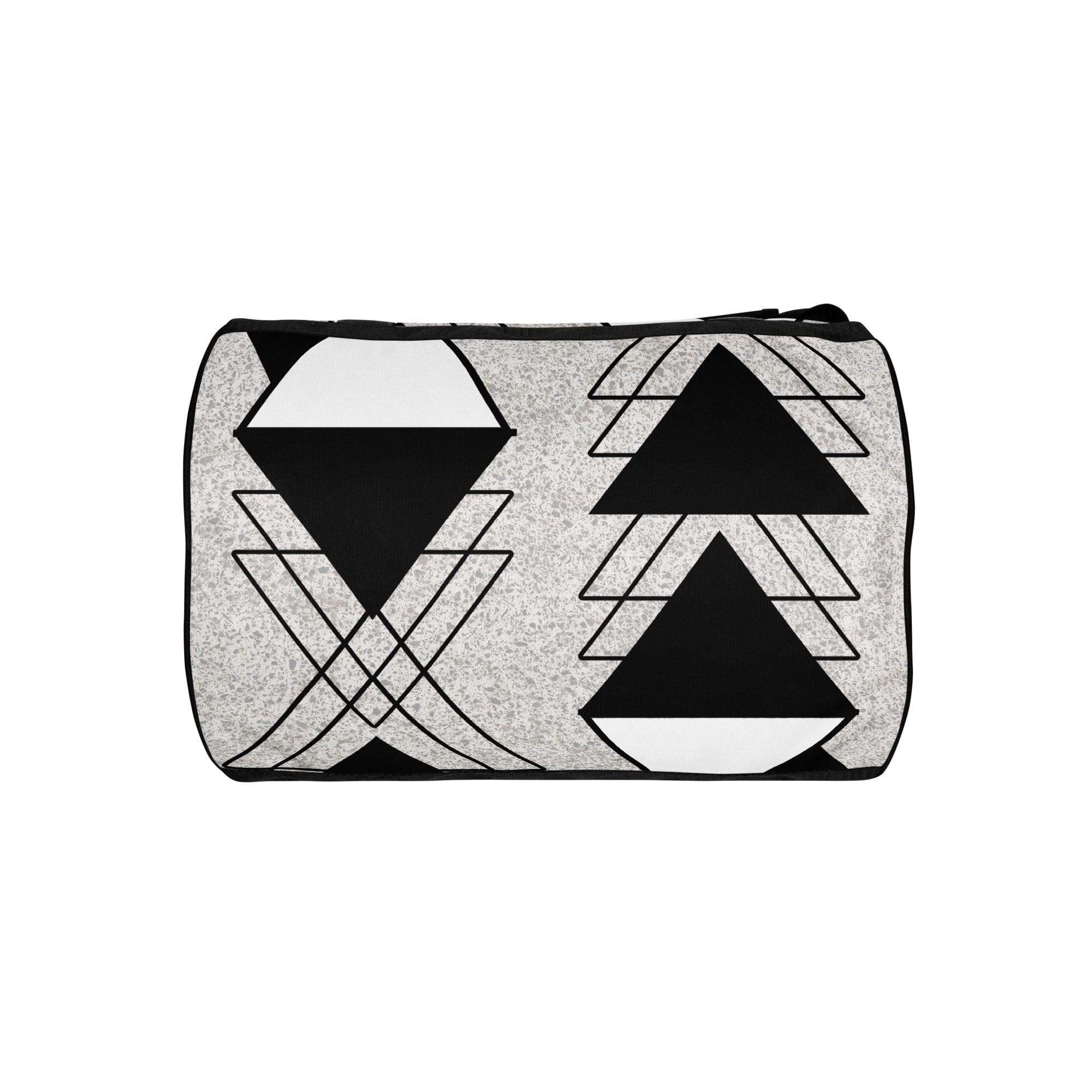 Crossbody Water-resistant Travel Bag in Black and White Ash Grey with triangular colorblock design, showcasing its durable fabric and multiple pockets.