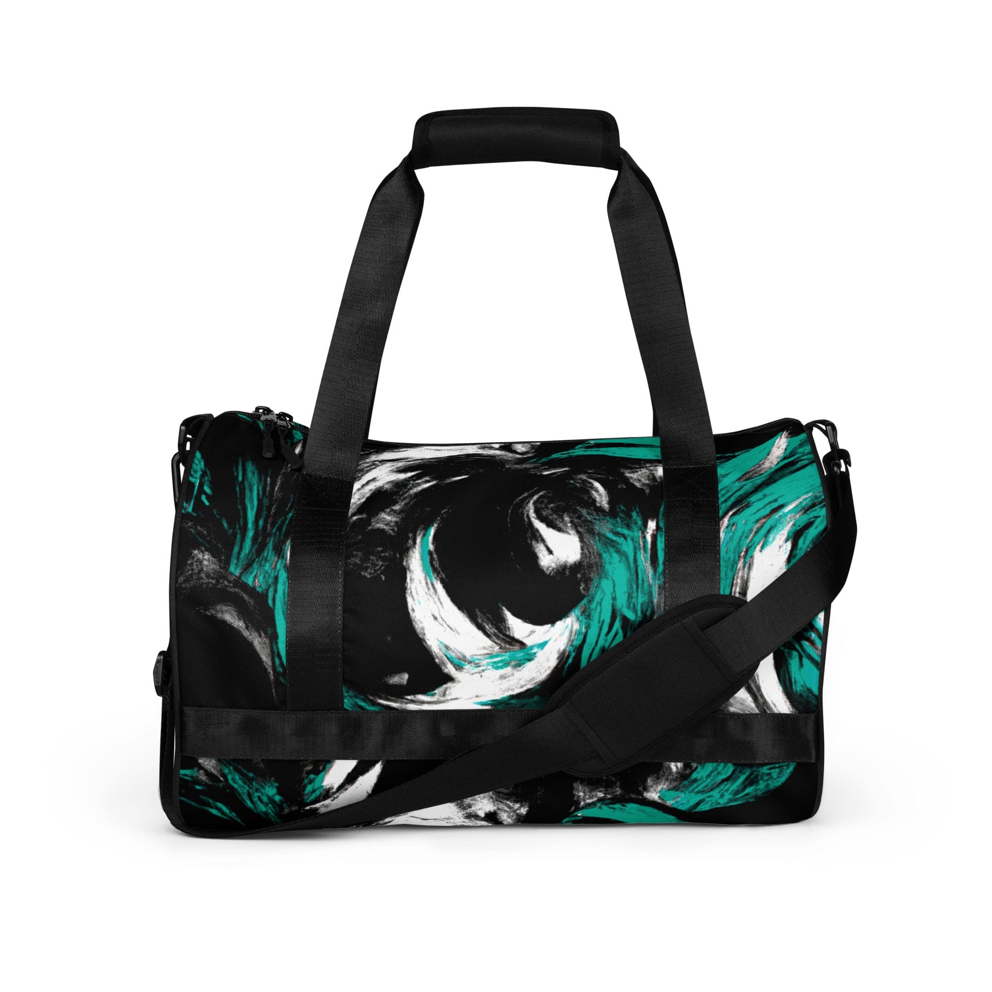 Crossbody water-resistant travel bag featuring a black, green, and white abstract pattern, designed for fitness and travel.