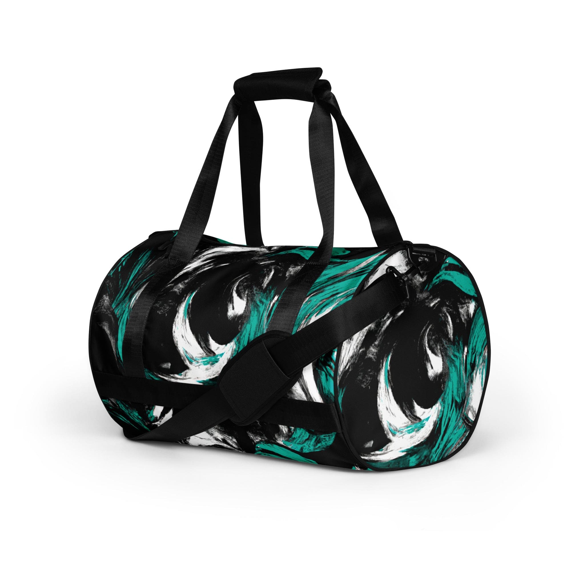 Crossbody water-resistant travel bag featuring a black, green, and white abstract pattern, designed for fitness and travel.