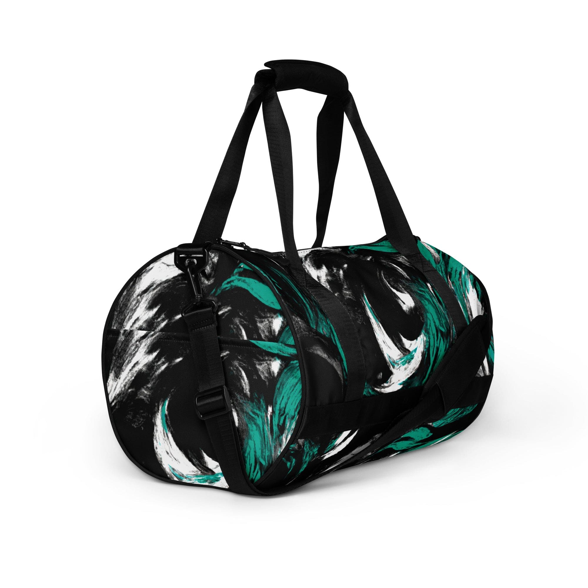 Crossbody water-resistant travel bag featuring a black, green, and white abstract pattern, designed for fitness and travel.