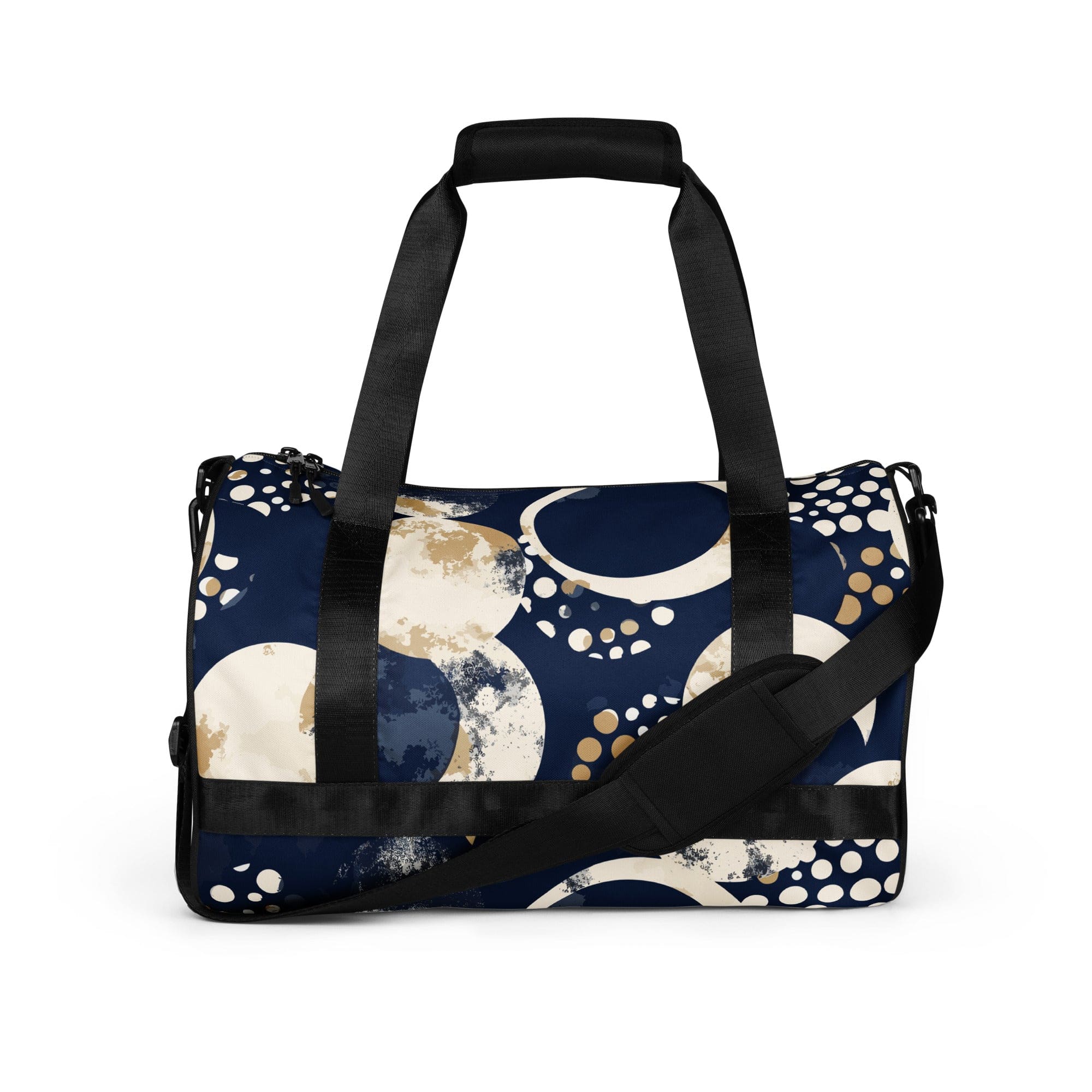 Crossbody water-resistant travel bag in blue beige spotted print, featuring dual padded handles and multiple pockets for organization.