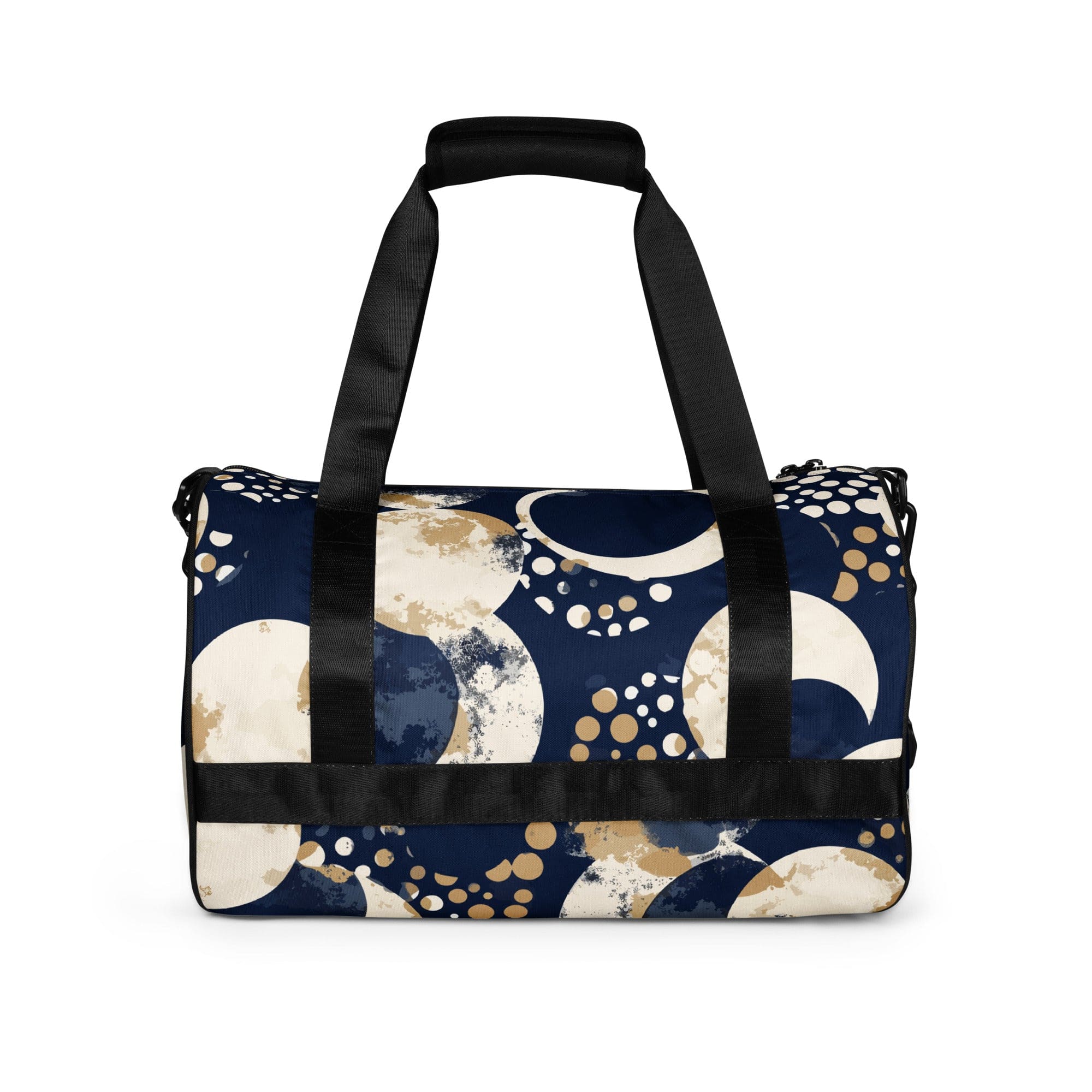 Crossbody water-resistant travel bag in blue beige spotted print, featuring dual padded handles and multiple pockets for organization.