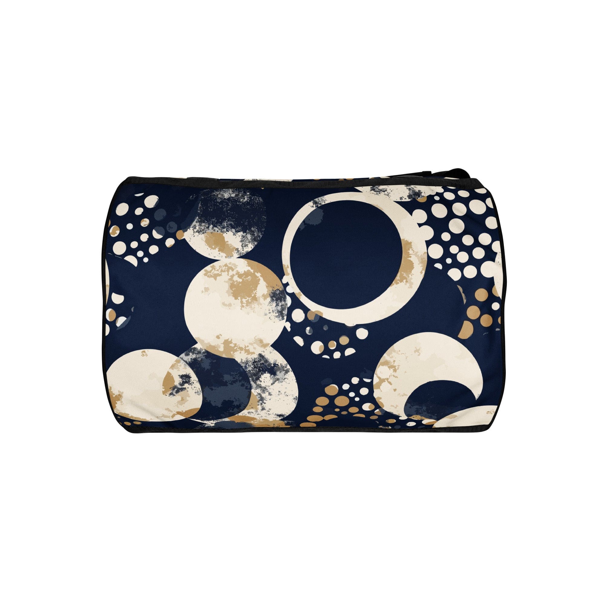 Crossbody water-resistant travel bag in blue beige spotted print, featuring dual padded handles and multiple pockets for organization.